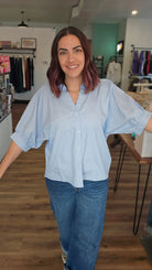 Shop Coastal Chic Pinstripe Blouse- at Ruby Joy Boutique, a Women's Clothing Store in Pickerington, Ohio