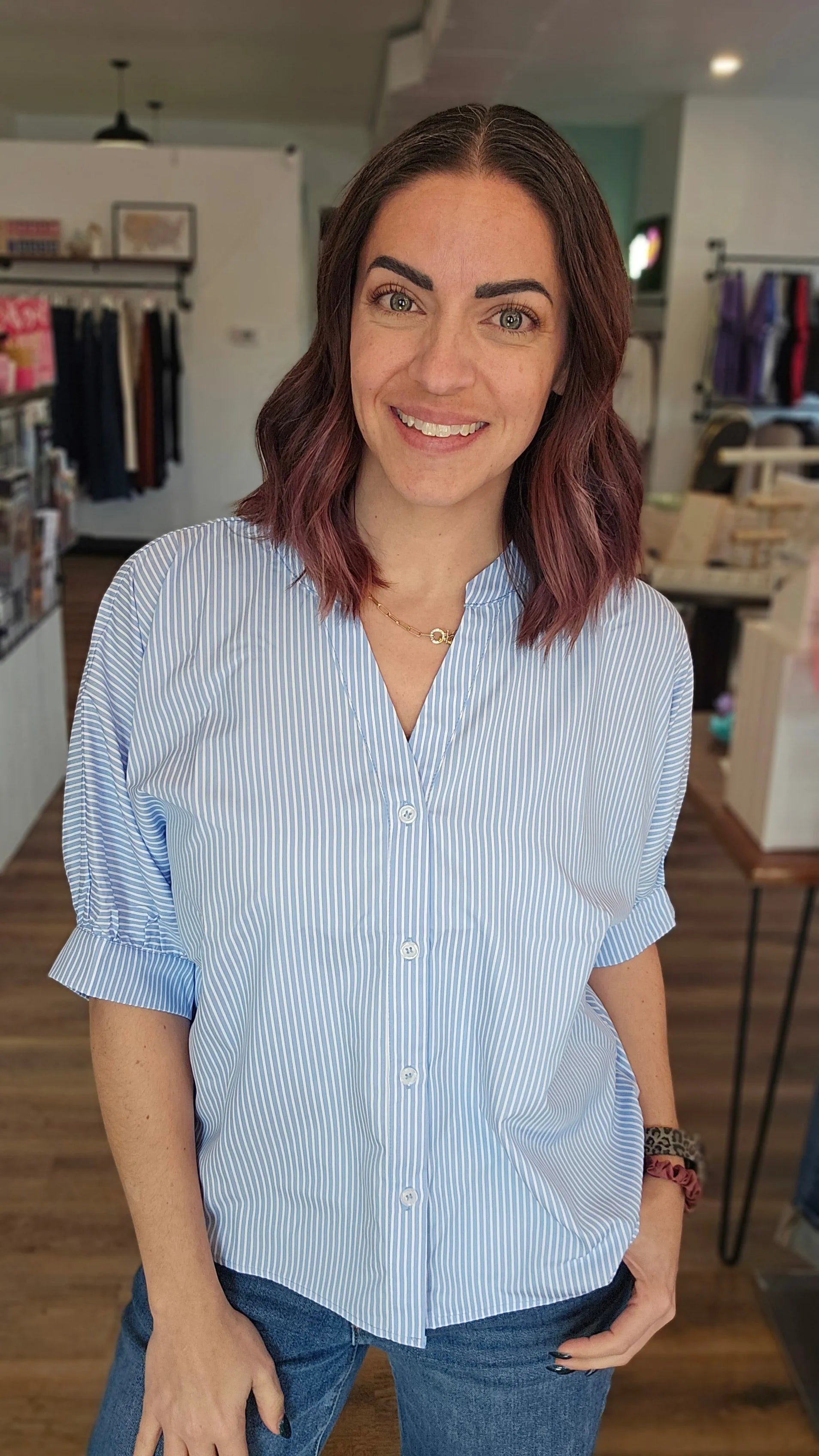 Shop Coastal Chic Pinstripe Blouse- at Ruby Joy Boutique, a Women's Clothing Store in Pickerington, Ohio