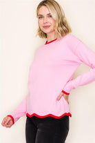 Shop Color Pop Scallop Hem Sweater - Pink & Red- at Ruby Joy Boutique, a Women's Clothing Store in Pickerington, Ohio