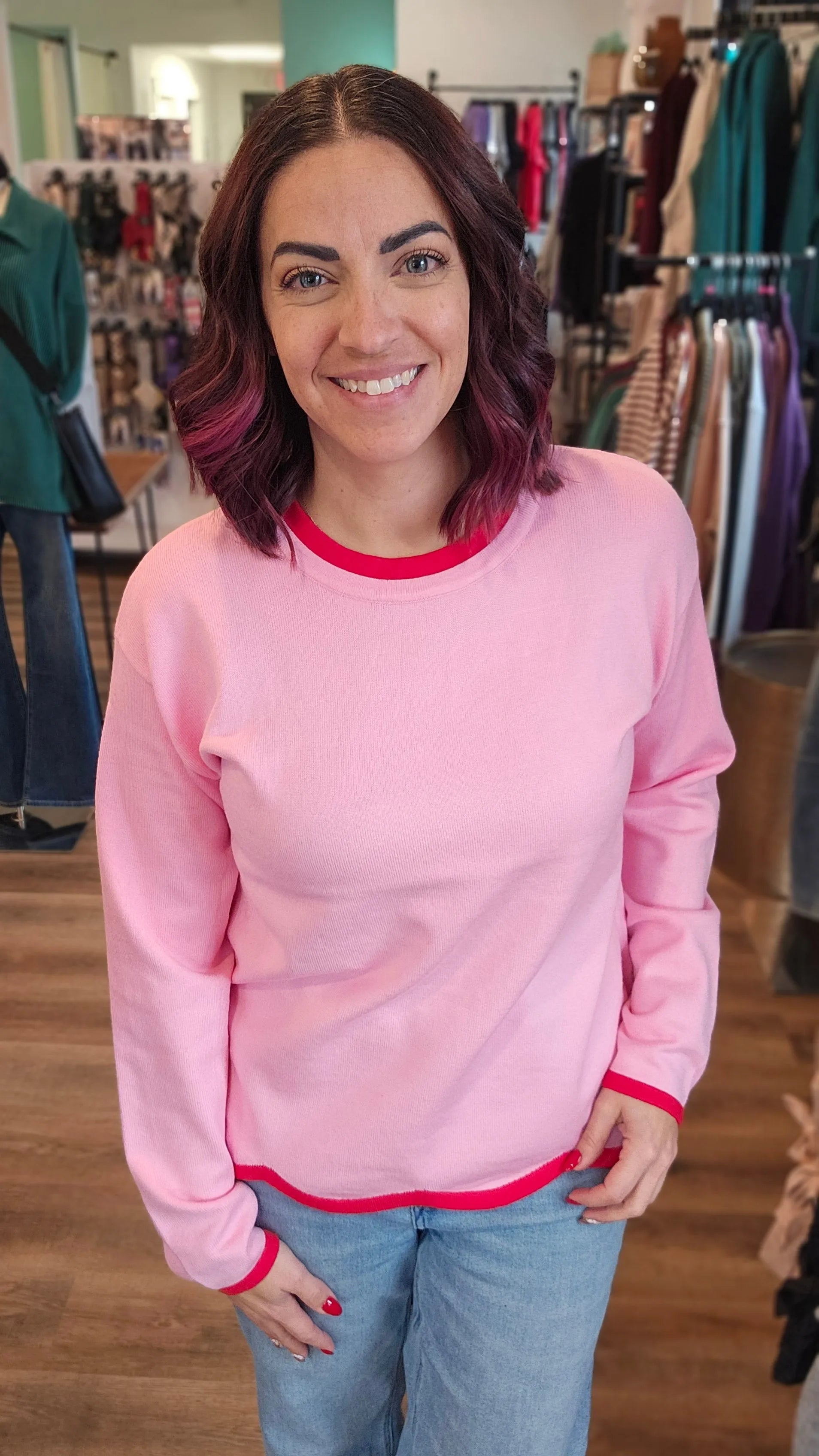 Shop Color Pop Scallop Hem Sweater - Pink & Red- at Ruby Joy Boutique, a Women's Clothing Store in Pickerington, Ohio