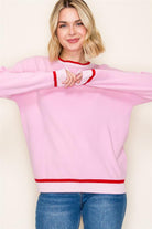 Shop Color Pop Varsity Trim Sweater - Pink & Red- at Ruby Joy Boutique, a Women's Clothing Store in Pickerington, Ohio