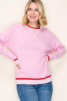Shop Color Pop Varsity Trim Sweater - Pink & Red- at Ruby Joy Boutique, a Women's Clothing Store in Pickerington, Ohio