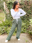 Shop Cora Chambray Wide Leg Pant-Olive at Ruby Joy Boutique, a Women's Clothing Store in Pickerington, Ohio