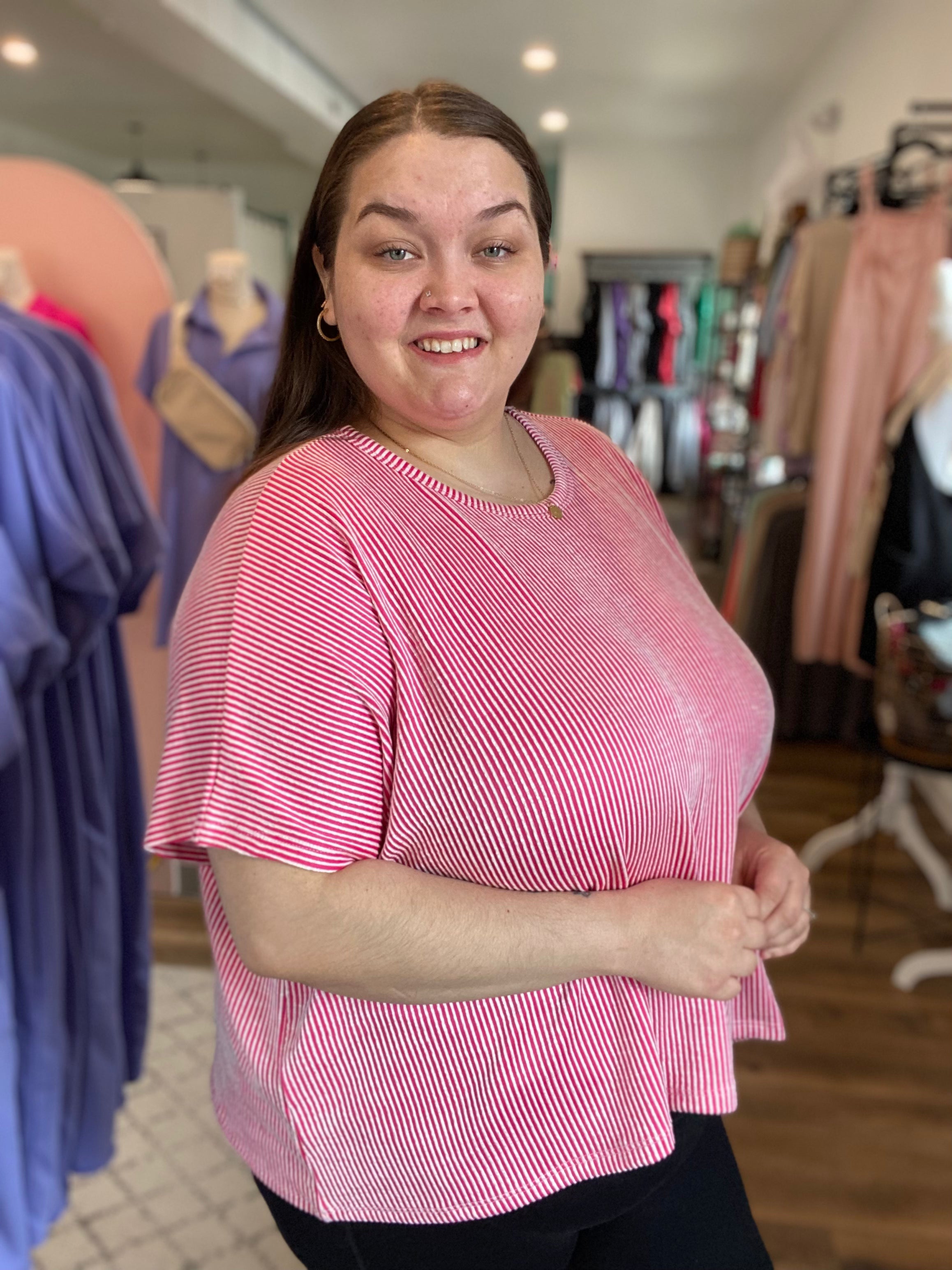 Shop Cora Striped Ribbed Tee - Hot Pink- at Ruby Joy Boutique, a Women's Clothing Store in Pickerington, Ohio