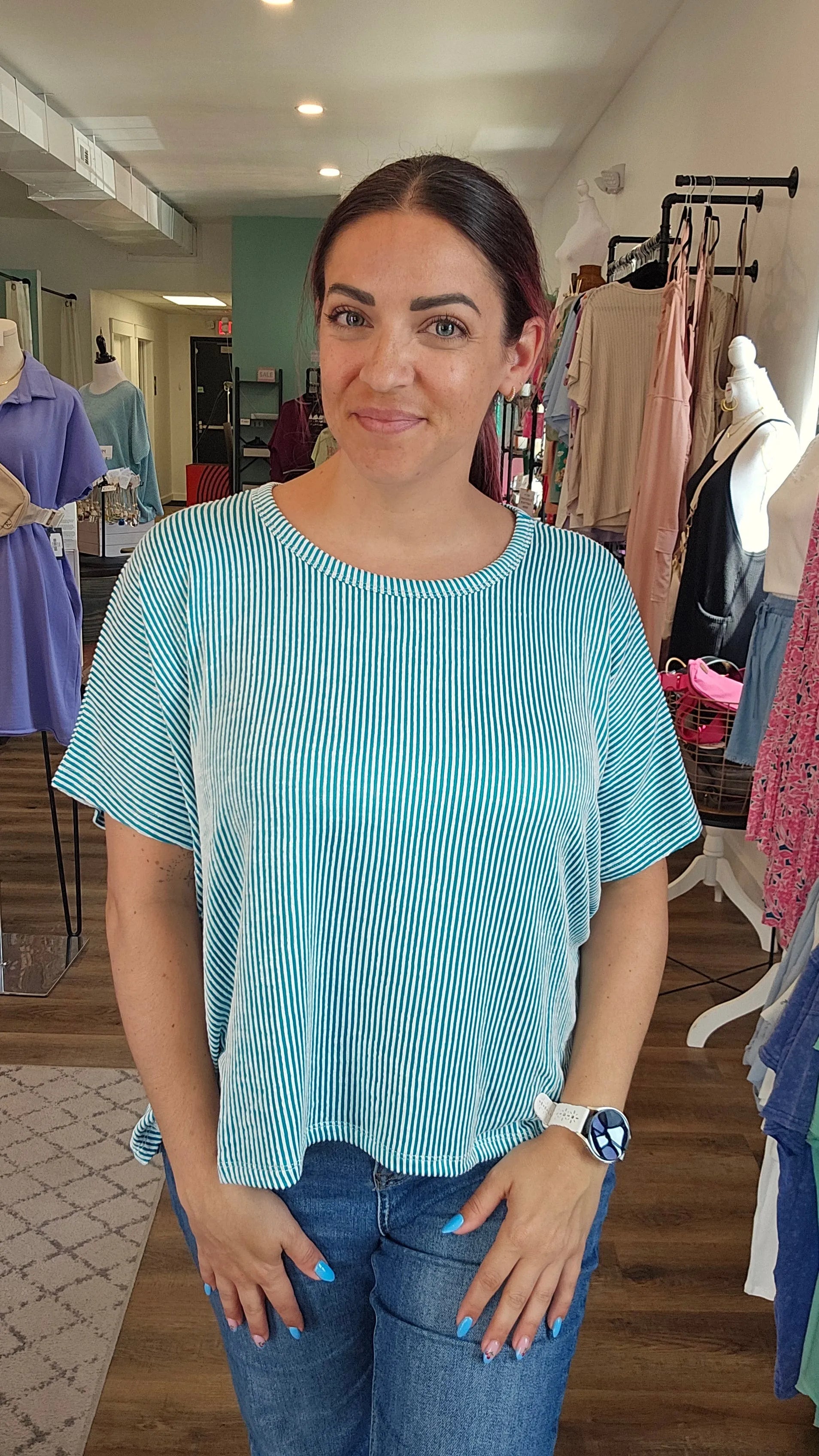 Shop Cora Striped Ribbed Tee - Teal- at Ruby Joy Boutique, a Women's Clothing Store in Pickerington, Ohio