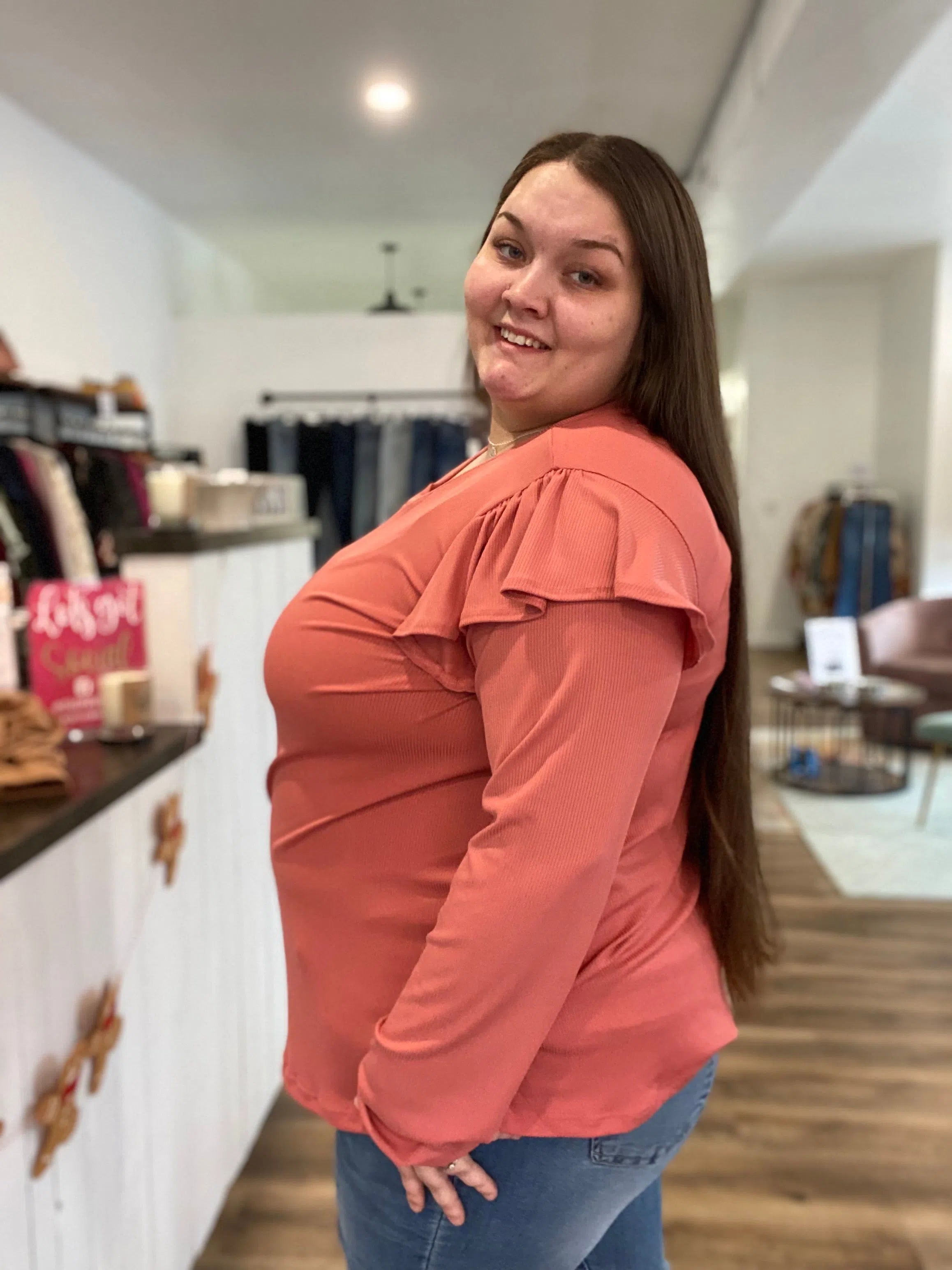 Shop Coral Dreams Ruffle Top- at Ruby Joy Boutique, a Women's Clothing Store in Pickerington, Ohio