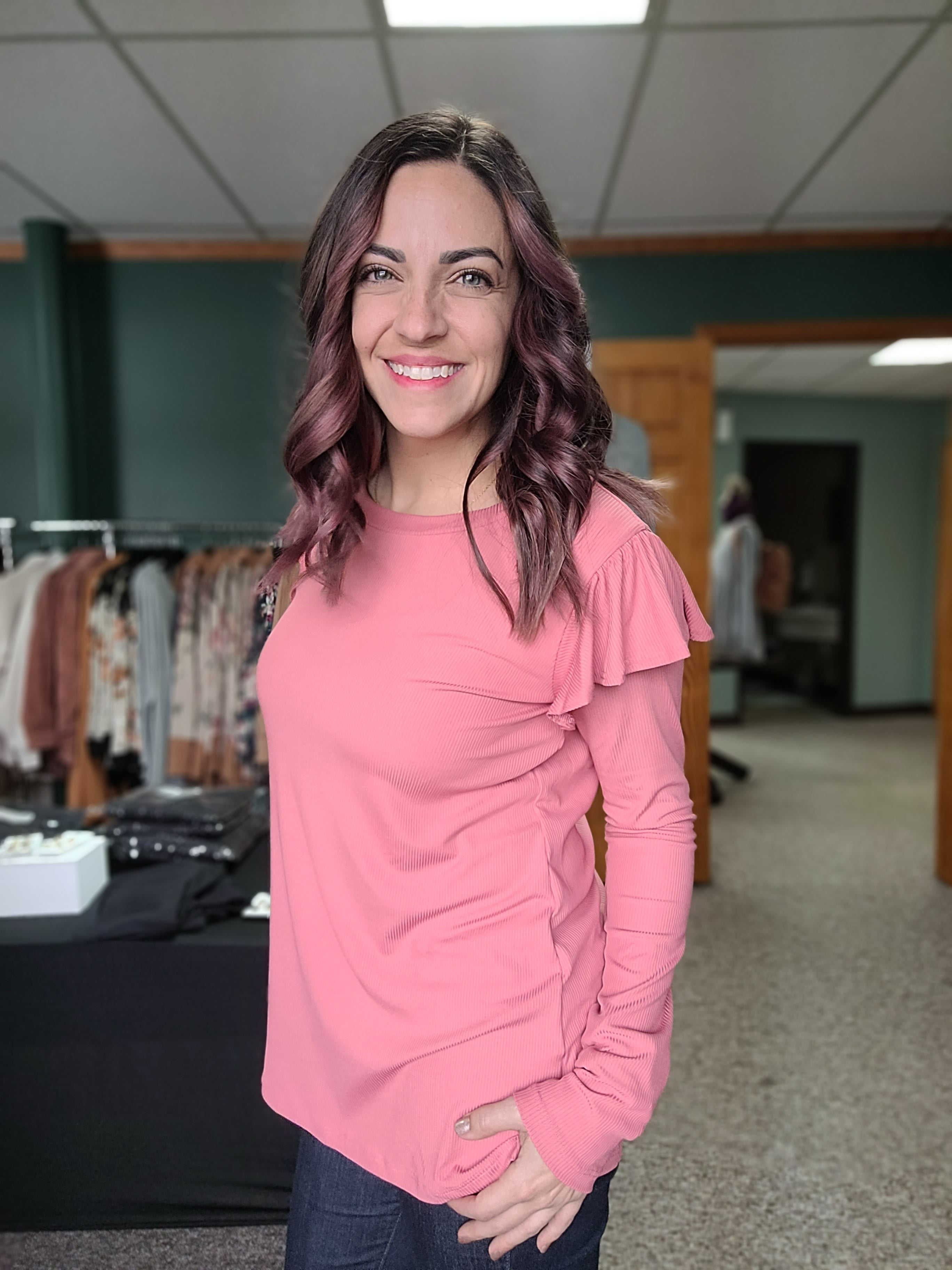 Shop Coral Dreams Ruffle Top-Shirts & Tops at Ruby Joy Boutique, a Women's Clothing Store in Pickerington, Ohio