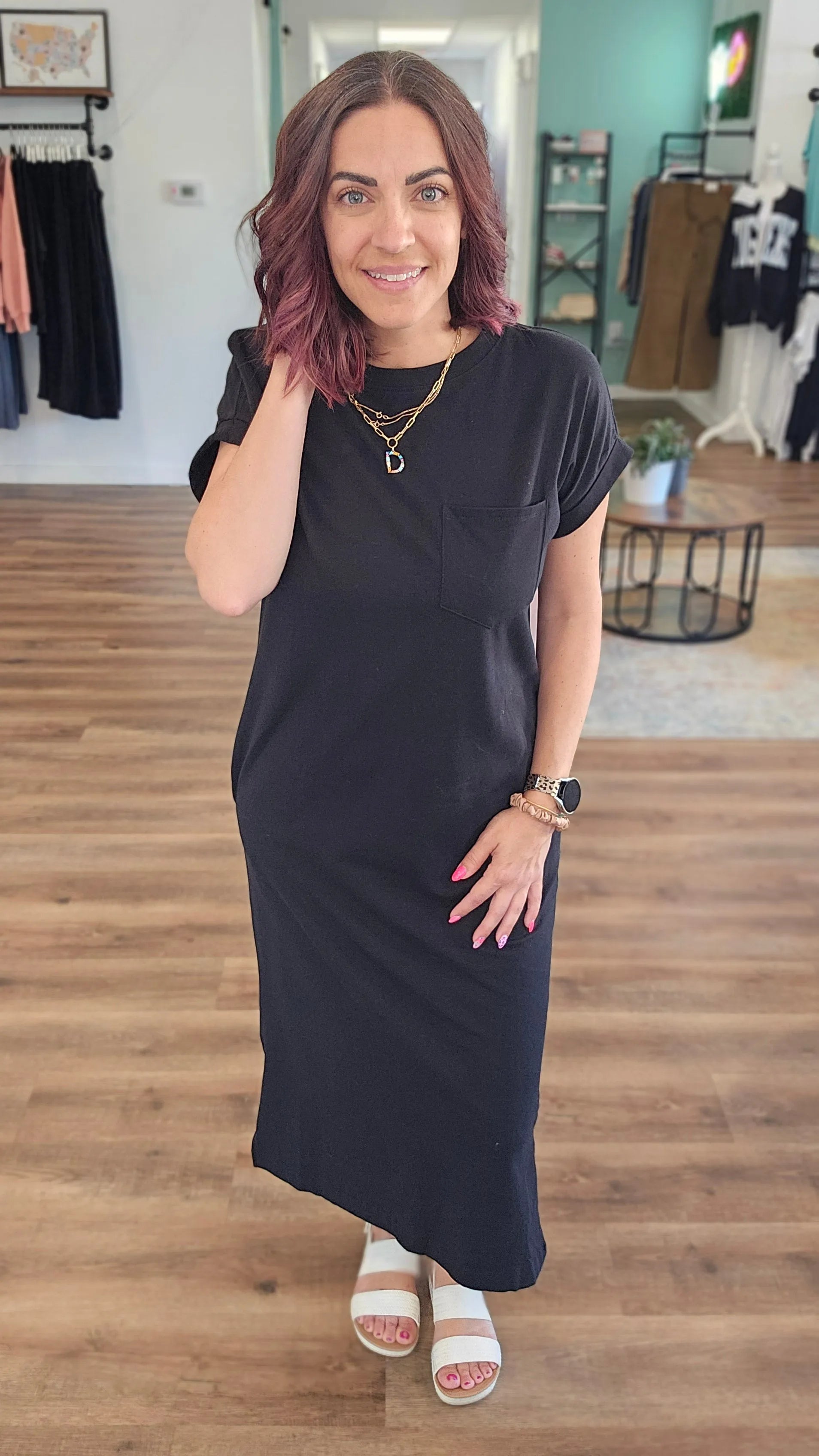 Shop Cotton Midi T-Shirt Dress with Side Slits - Black- at Ruby Joy Boutique, a Women's Clothing Store in Pickerington, Ohio