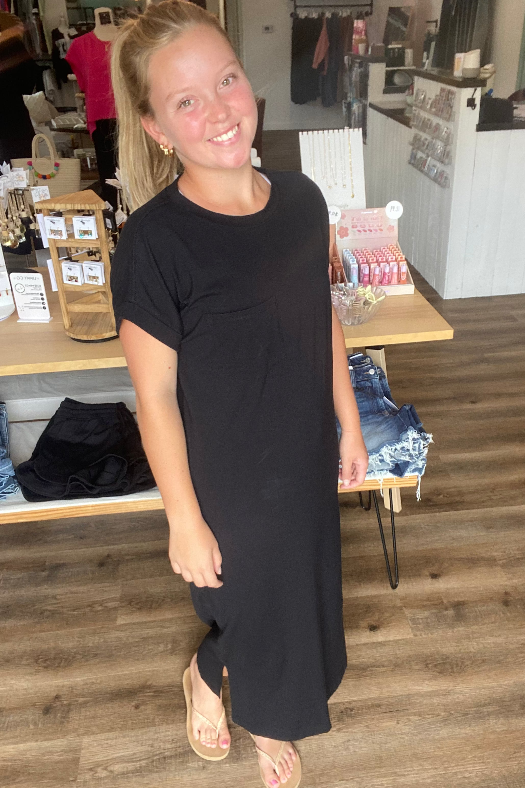 Shop Cotton Midi T-Shirt Dress with Side Slits - Black- at Ruby Joy Boutique, a Women's Clothing Store in Pickerington, Ohio