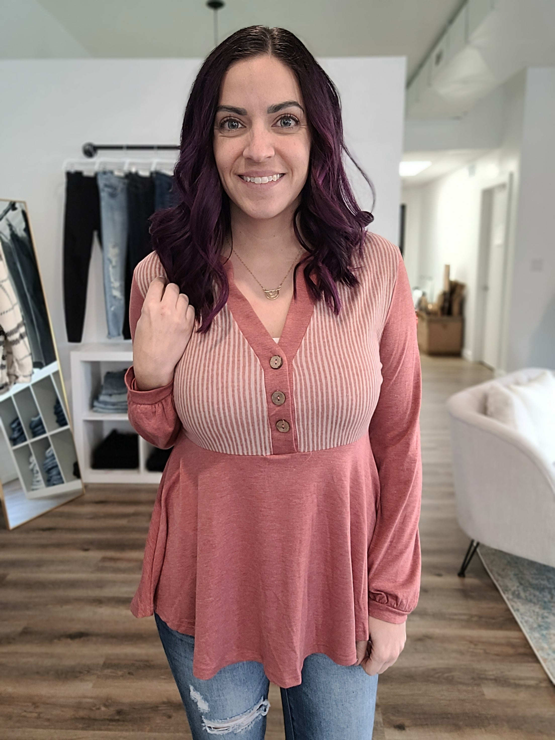 Shop Courtney Button Top with Stripe Detail-Shirts & Tops at Ruby Joy Boutique, a Women's Clothing Store in Pickerington, Ohio