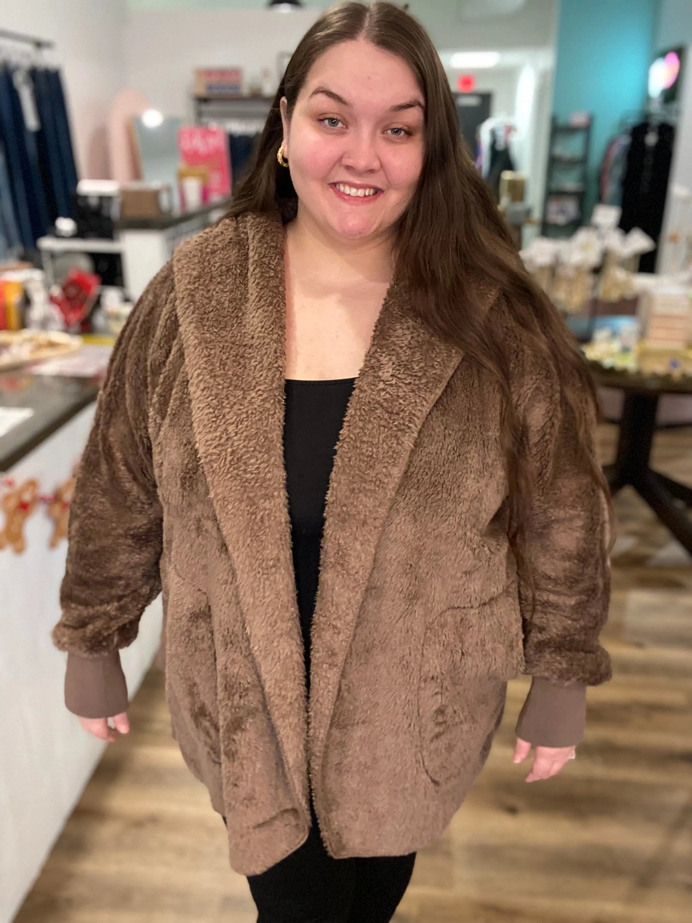 Shop Cozy Hooded Cardigan - Chocolate-L/XL at Ruby Joy Boutique, a Women's Clothing Store in Pickerington, Ohio