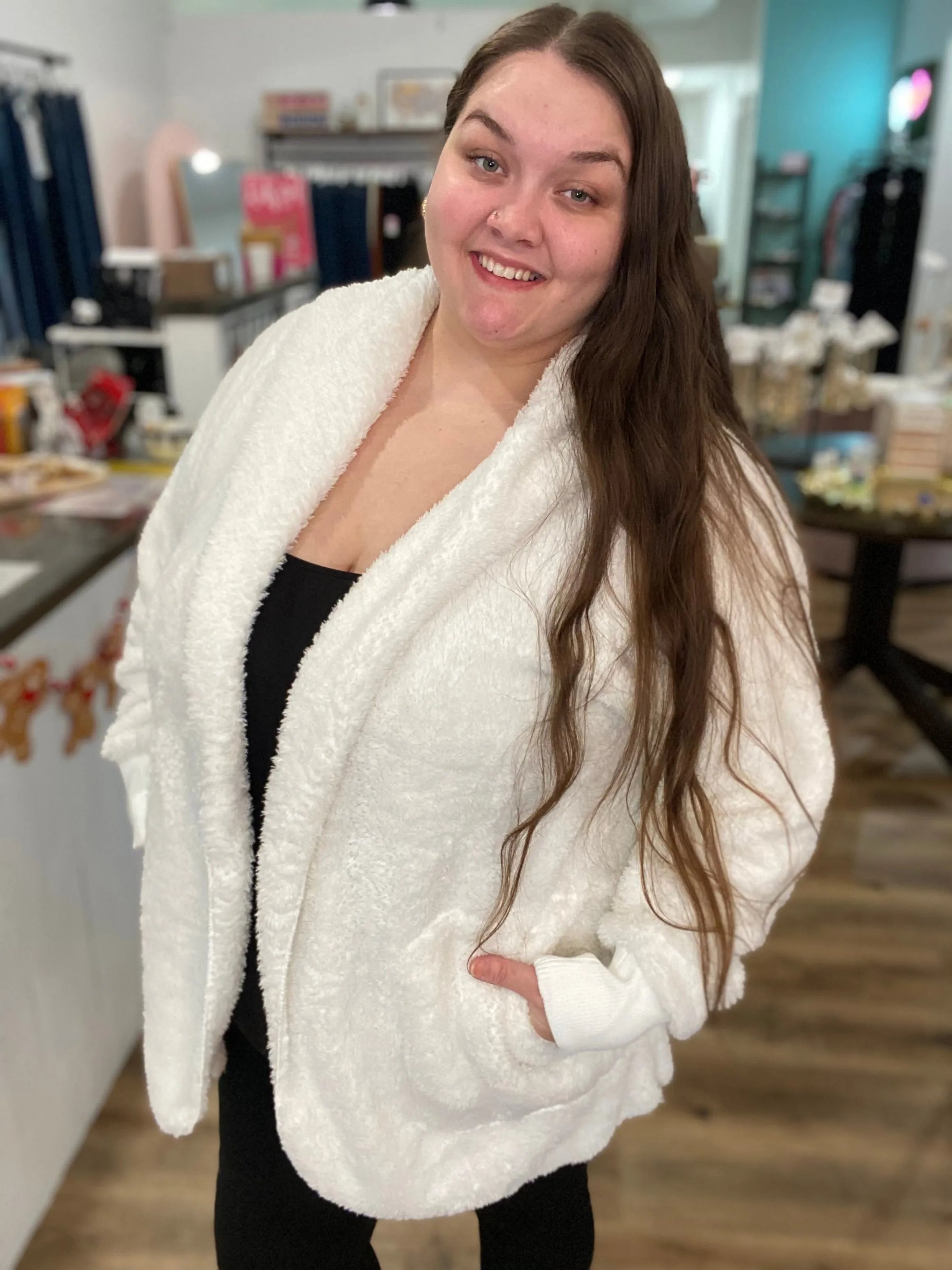 Shop Cozy Hooded Cardigan - White-L/XL at Ruby Joy Boutique, a Women's Clothing Store in Pickerington, Ohio