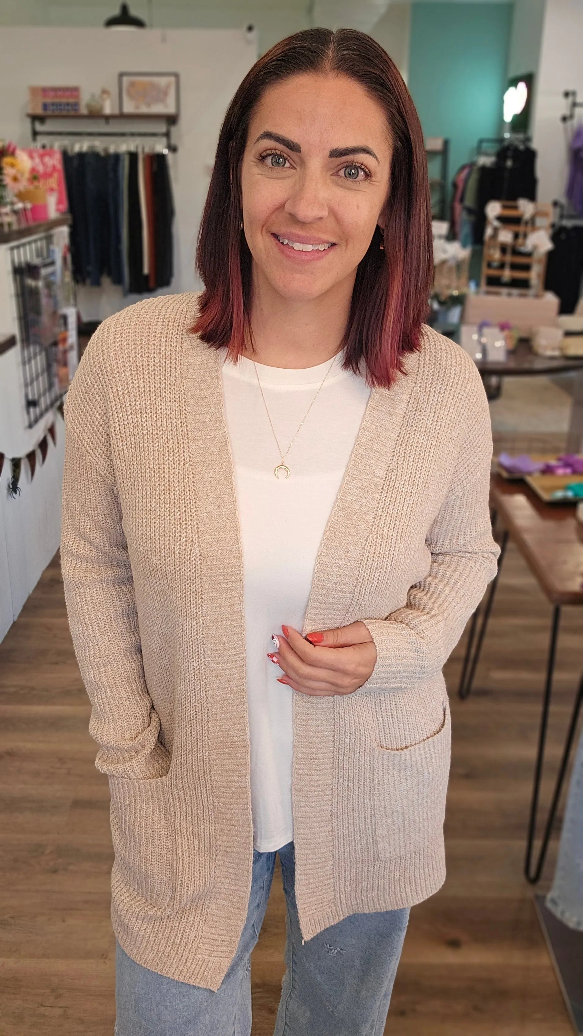 Shop Cozy Open Sweater Cardigan - Oatmeal- at Ruby Joy Boutique, a Women's Clothing Store in Pickerington, Ohio