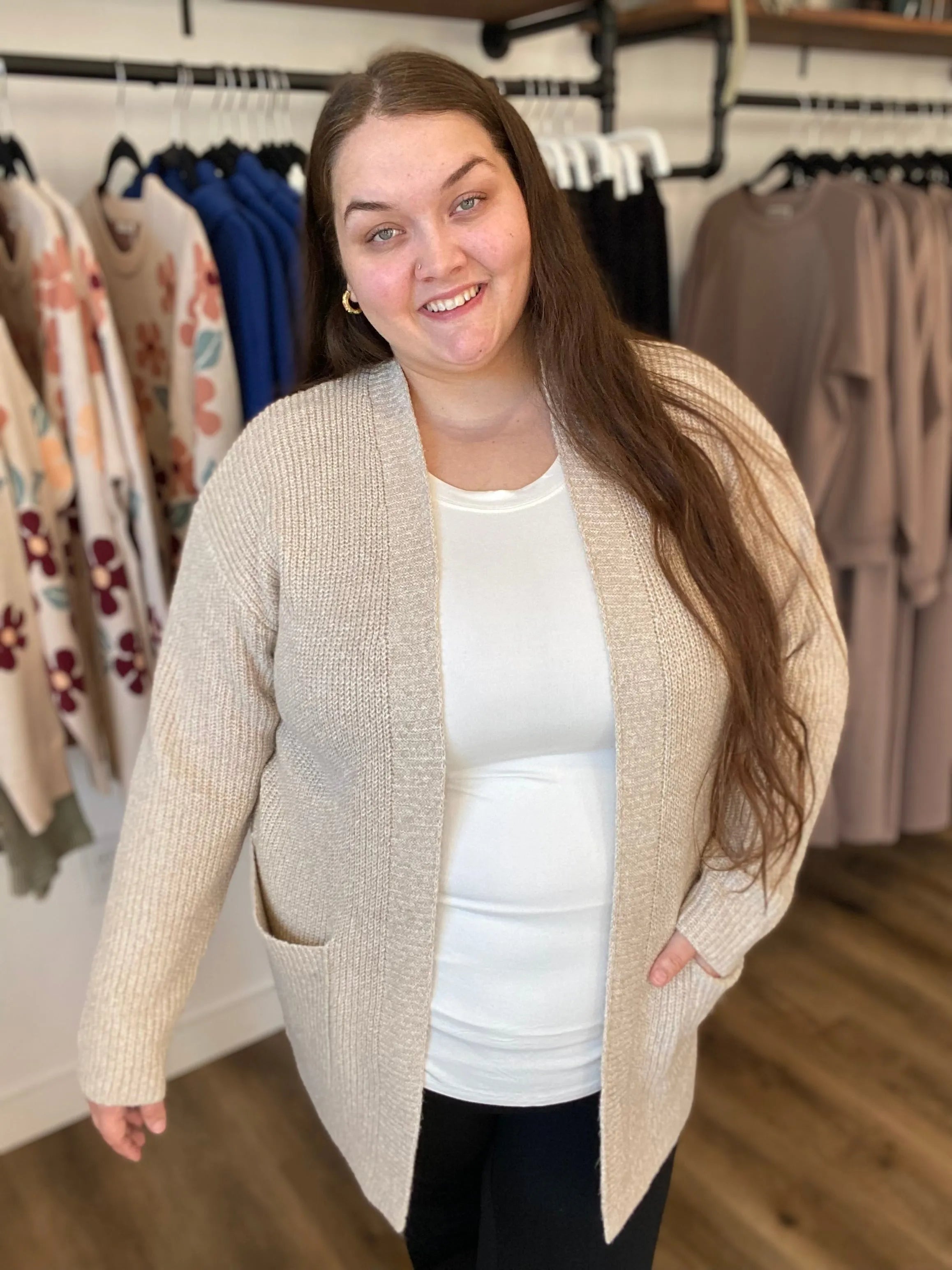 Shop Cozy Open Sweater Cardigan - Oatmeal- at Ruby Joy Boutique, a Women's Clothing Store in Pickerington, Ohio