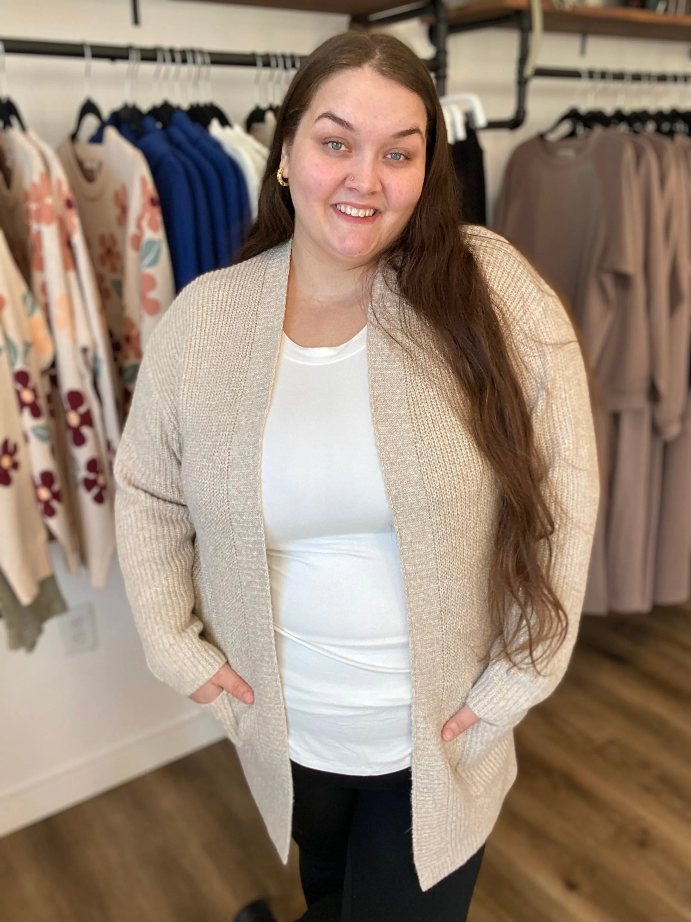 Shop Cozy Open Sweater Cardigan - Oatmeal- at Ruby Joy Boutique, a Women's Clothing Store in Pickerington, Ohio
