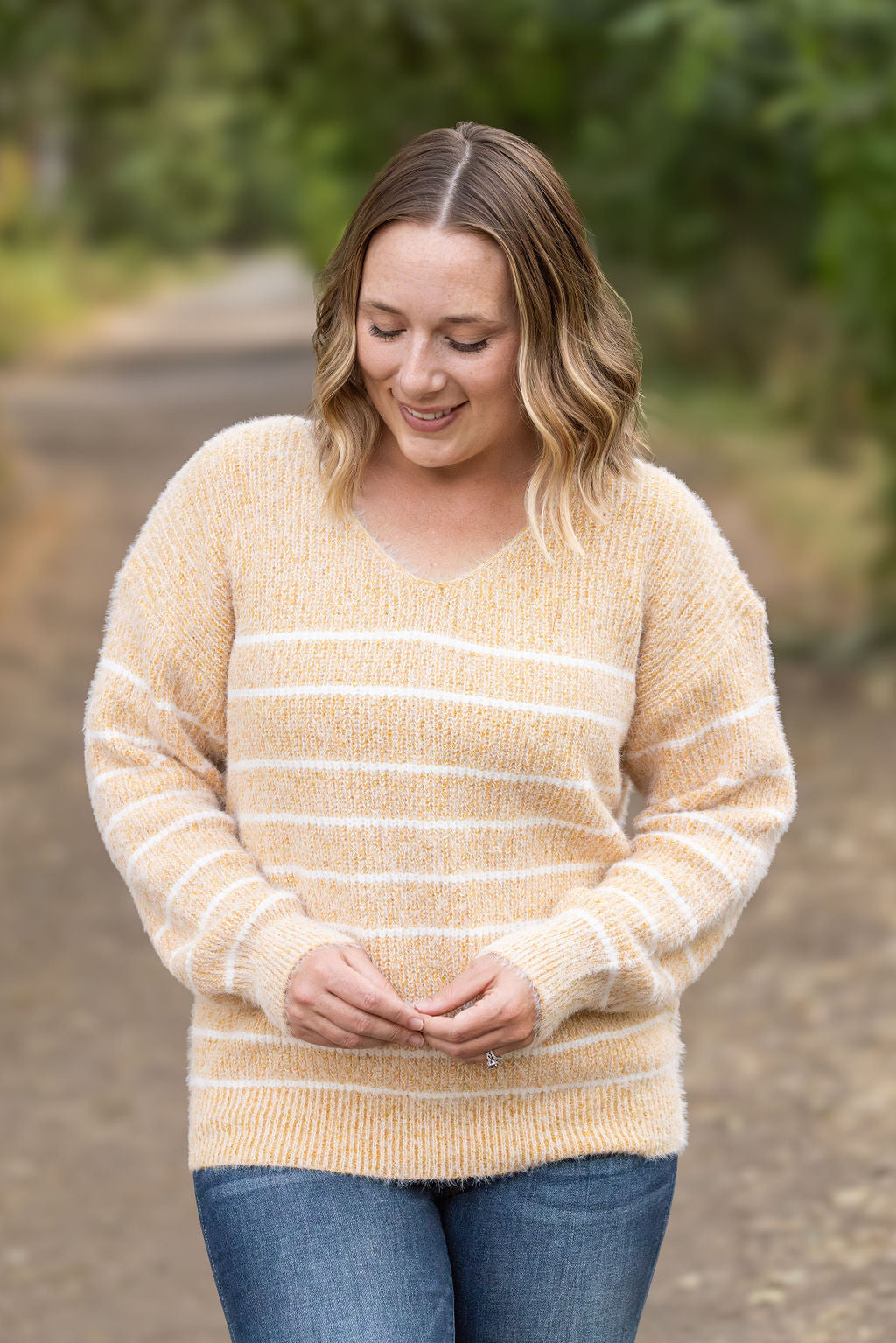 Shop Cozy Striped Sweater - Mustard-Sweater at Ruby Joy Boutique, a Women's Clothing Store in Pickerington, Ohio