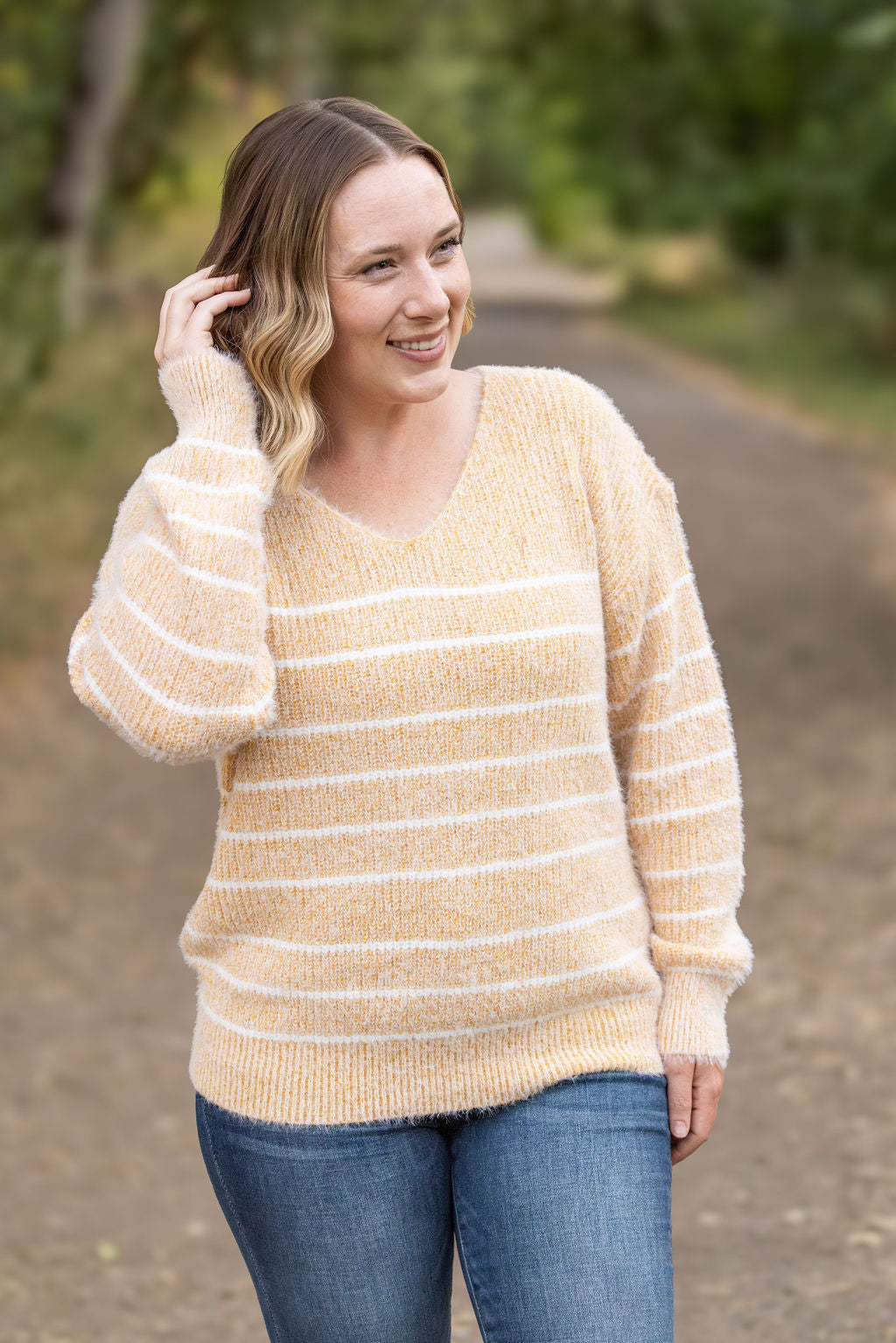 Shop Cozy Striped Sweater - Mustard-Sweater at Ruby Joy Boutique, a Women's Clothing Store in Pickerington, Ohio