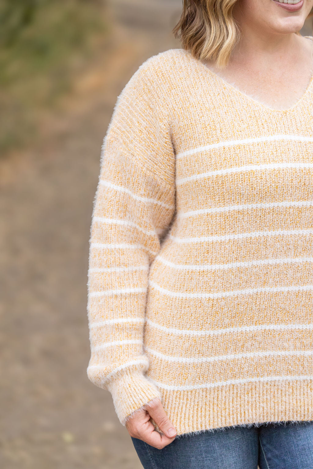 Shop Cozy Striped Sweater - Mustard-Sweater at Ruby Joy Boutique, a Women's Clothing Store in Pickerington, Ohio