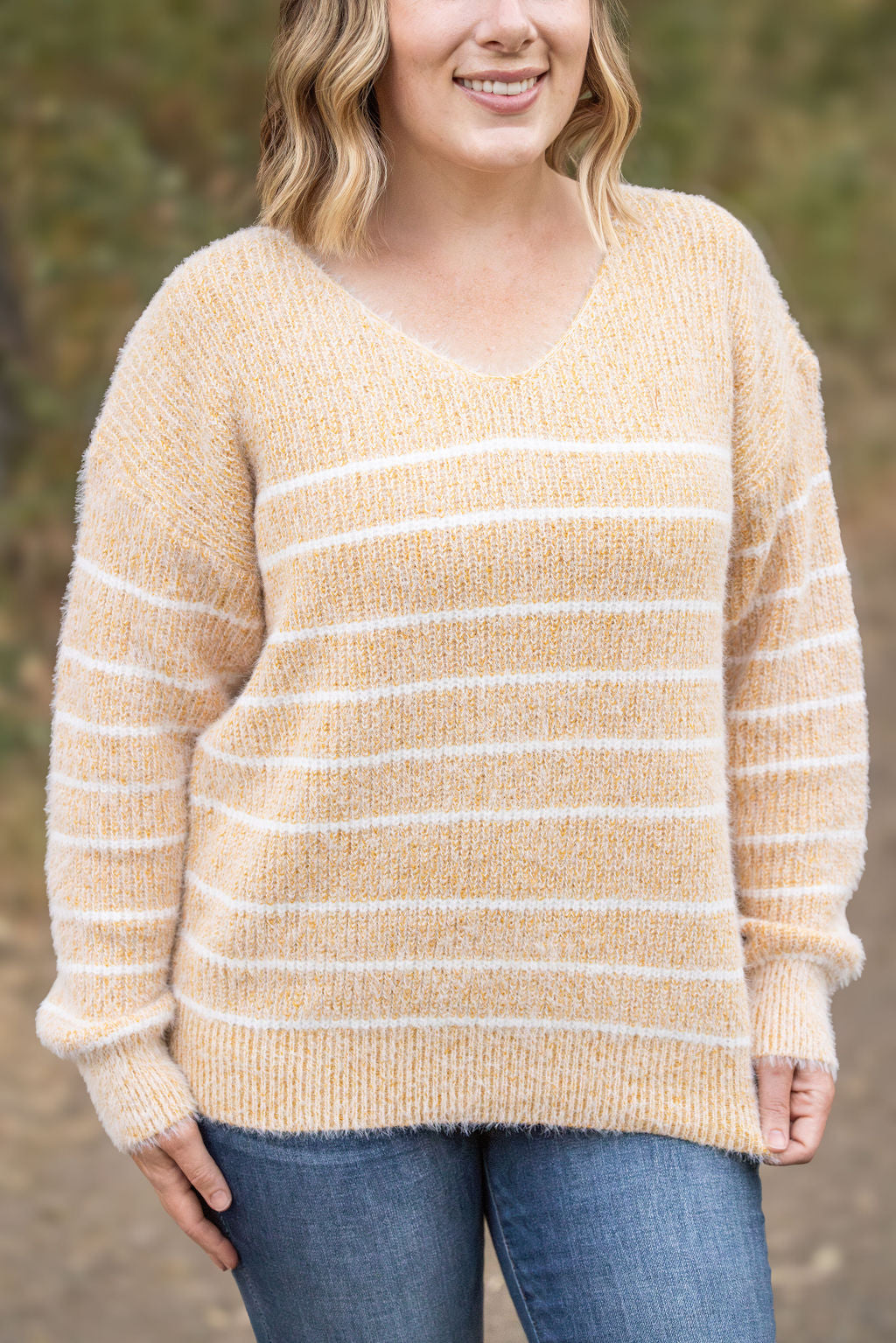 Shop Cozy Striped Sweater - Mustard-Sweater at Ruby Joy Boutique, a Women's Clothing Store in Pickerington, Ohio