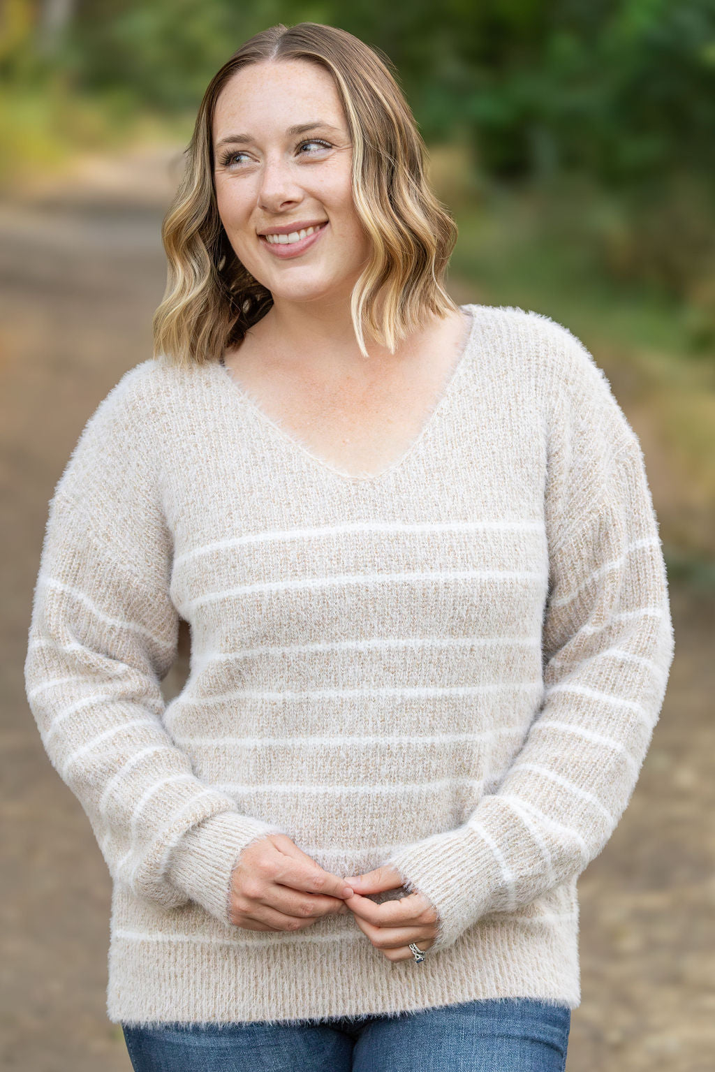 Shop Cozy Striped Sweater - Natural-Sweater at Ruby Joy Boutique, a Women's Clothing Store in Pickerington, Ohio