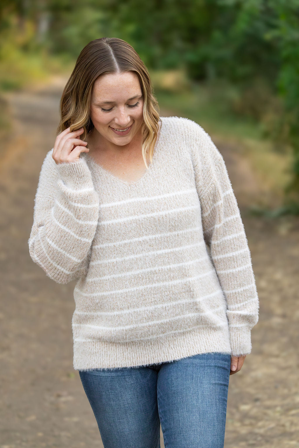 Shop Cozy Striped Sweater - Natural-Sweater at Ruby Joy Boutique, a Women's Clothing Store in Pickerington, Ohio