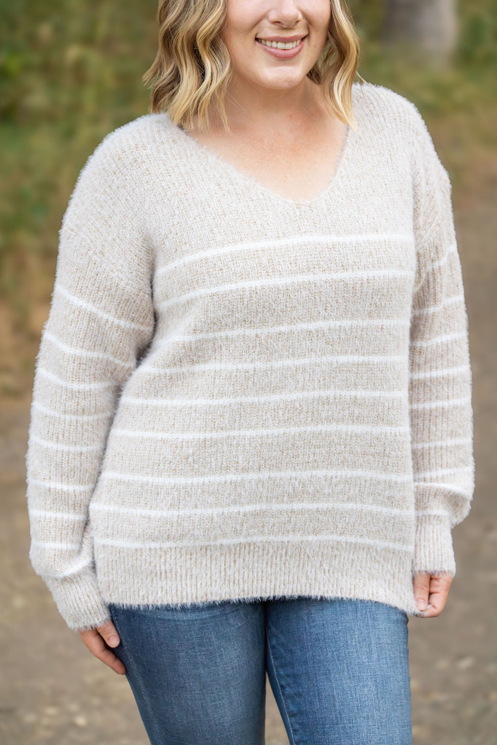 Shop Cozy Striped Sweater - Natural-Sweater at Ruby Joy Boutique, a Women's Clothing Store in Pickerington, Ohio