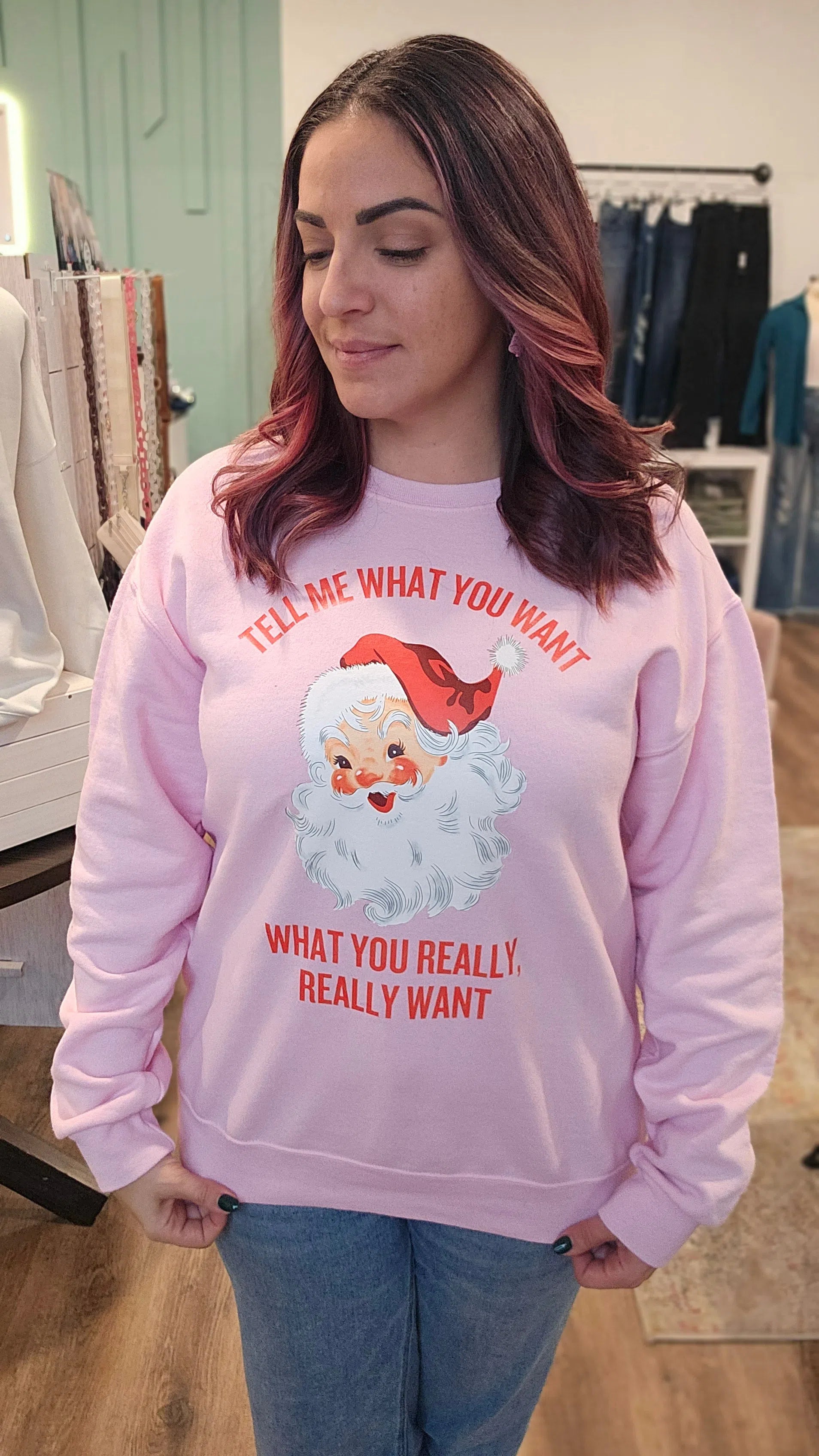 Shop Vintage Santa: Tell Me What You Want Sweatshirt-Graphic Tee at Ruby Joy Boutique, a Women's Clothing Store in Pickerington, Ohio