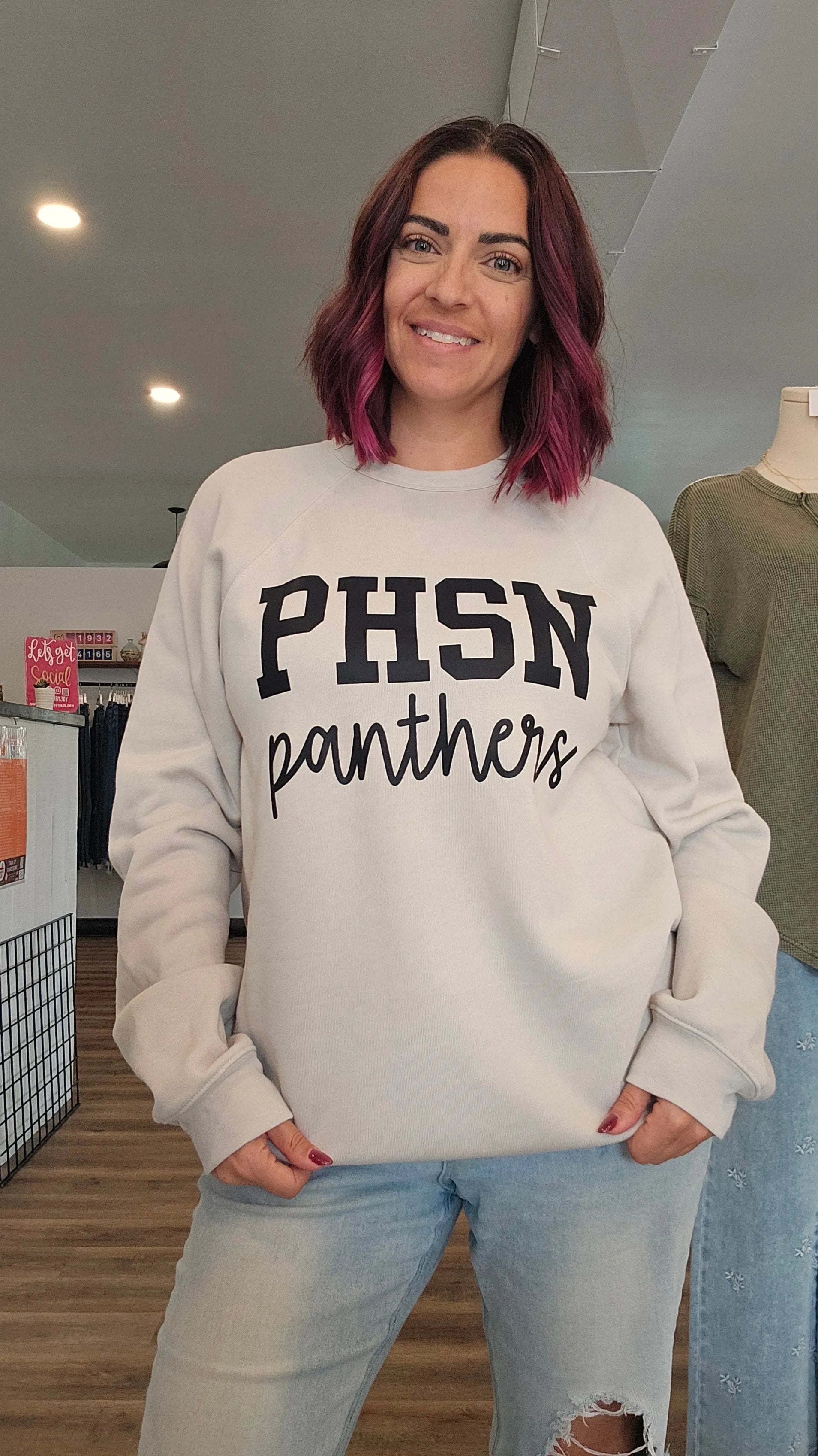 Shop Custom Mascot Script Sweatshirt- at Ruby Joy Boutique, a Women's Clothing Store in Pickerington, Ohio