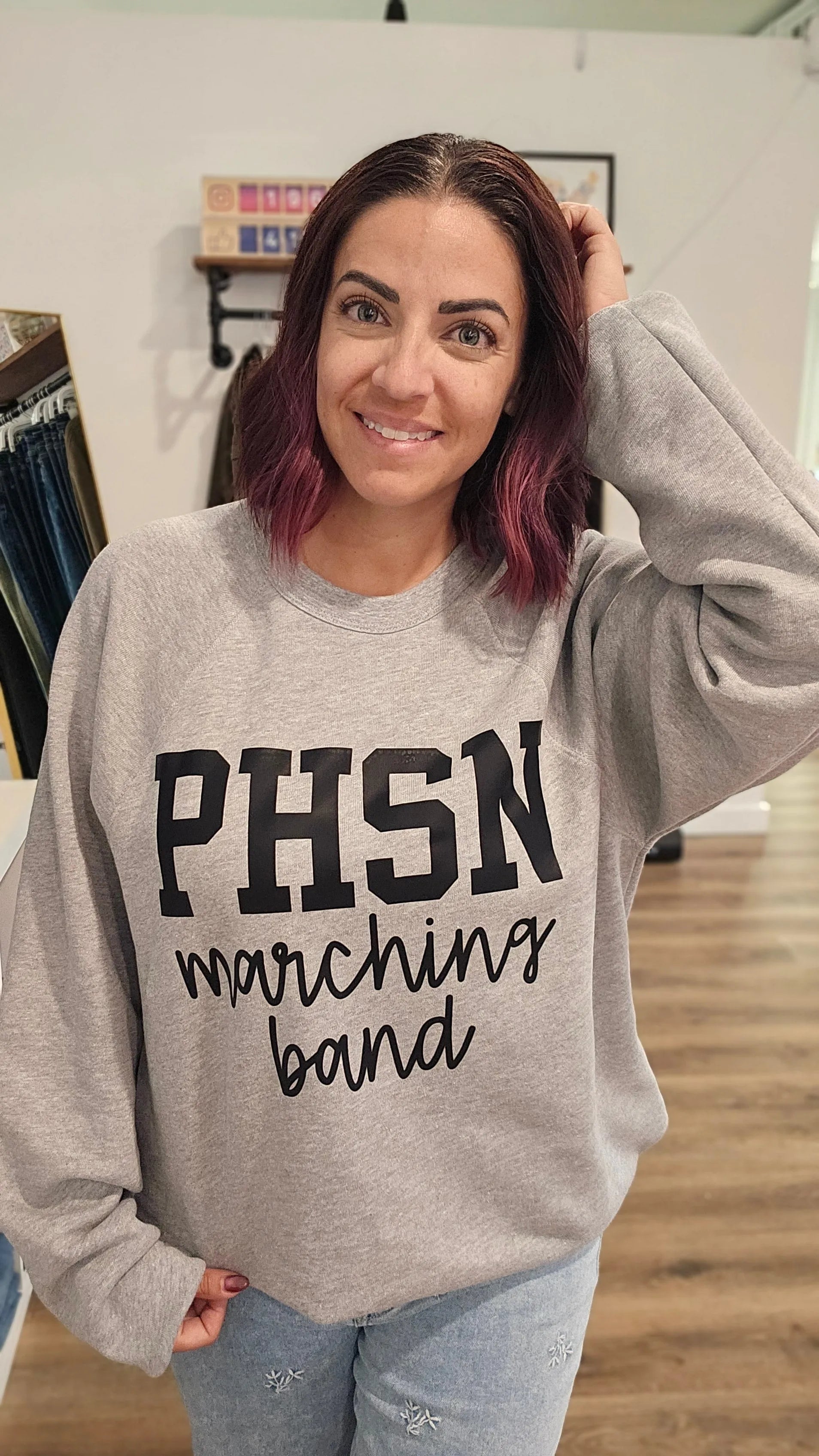 Shop Custom Mascot Script Sweatshirt- at Ruby Joy Boutique, a Women's Clothing Store in Pickerington, Ohio