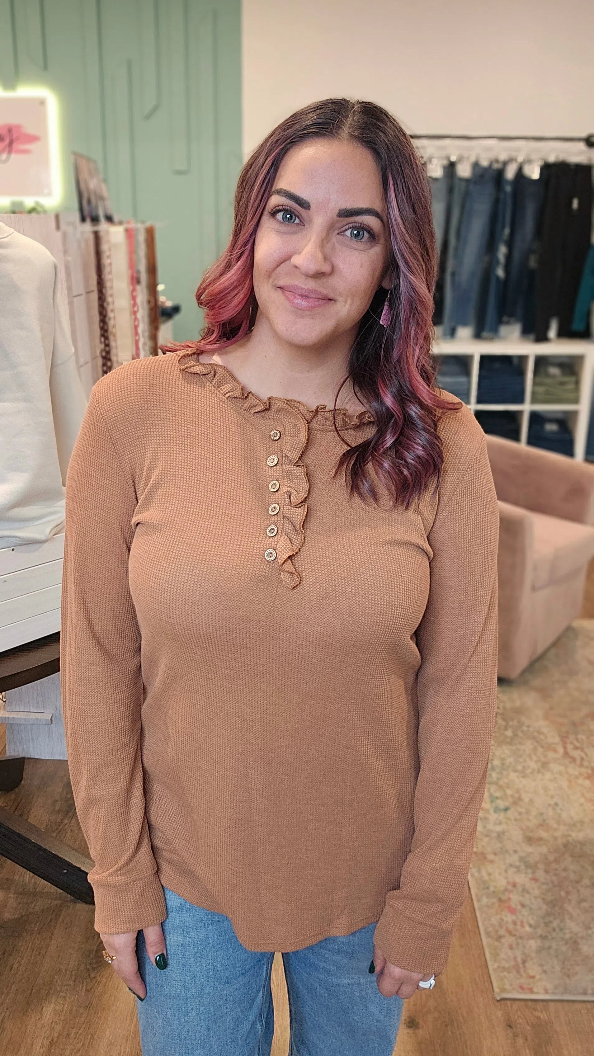 Shop Dahlia Thermal Ruffled Top - Camel-Shirts & Tops at Ruby Joy Boutique, a Women's Clothing Store in Pickerington, Ohio