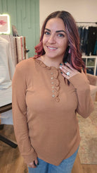 Shop Dahlia Thermal Ruffled Top - Camel-Shirts & Tops at Ruby Joy Boutique, a Women's Clothing Store in Pickerington, Ohio