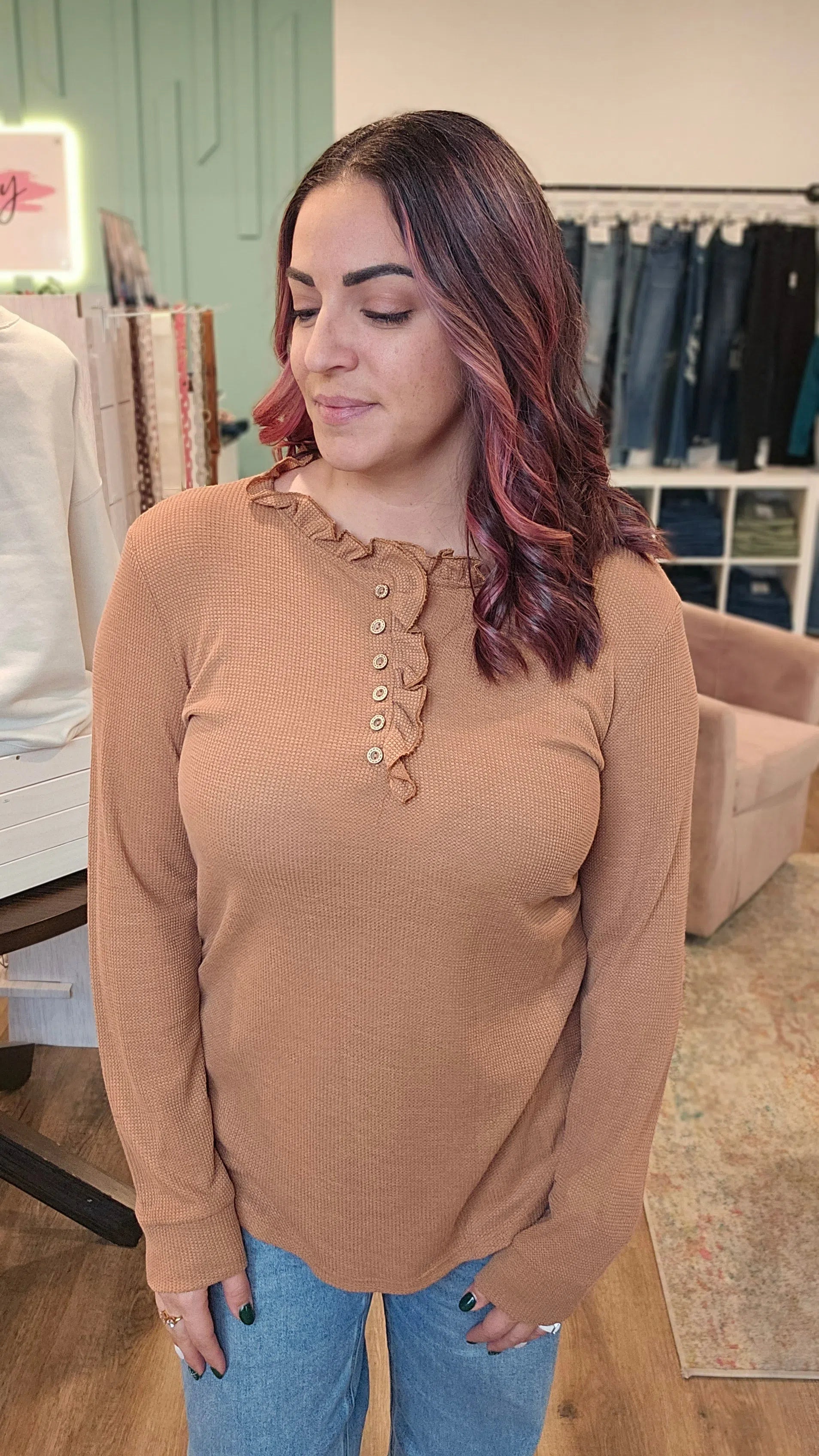 Shop Dahlia Thermal Ruffled Top - Camel-Shirts & Tops at Ruby Joy Boutique, a Women's Clothing Store in Pickerington, Ohio