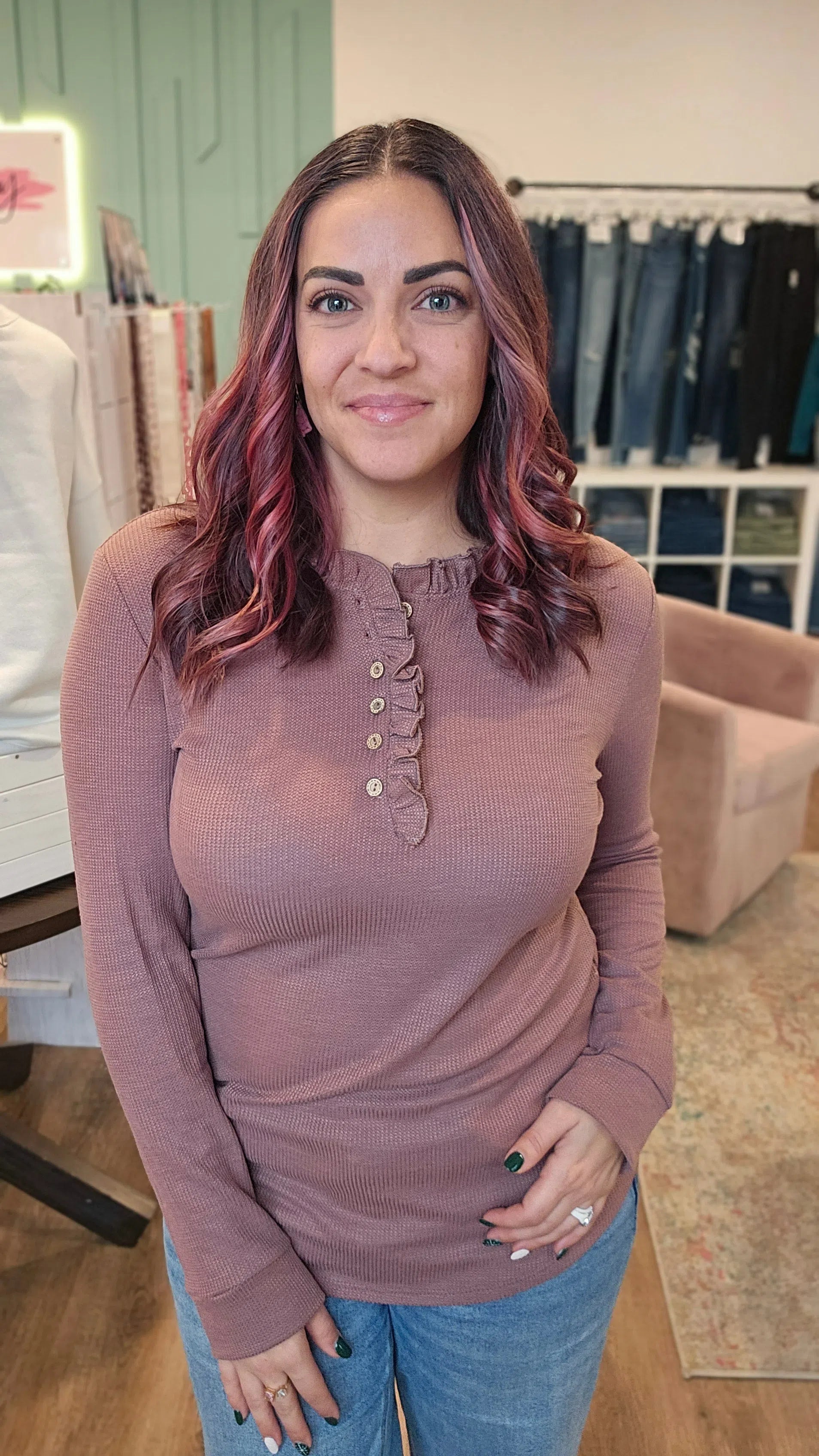 Shop Dahlia Thermal Ruffled Top - Mulberry-Shirts & Tops at Ruby Joy Boutique, a Women's Clothing Store in Pickerington, Ohio