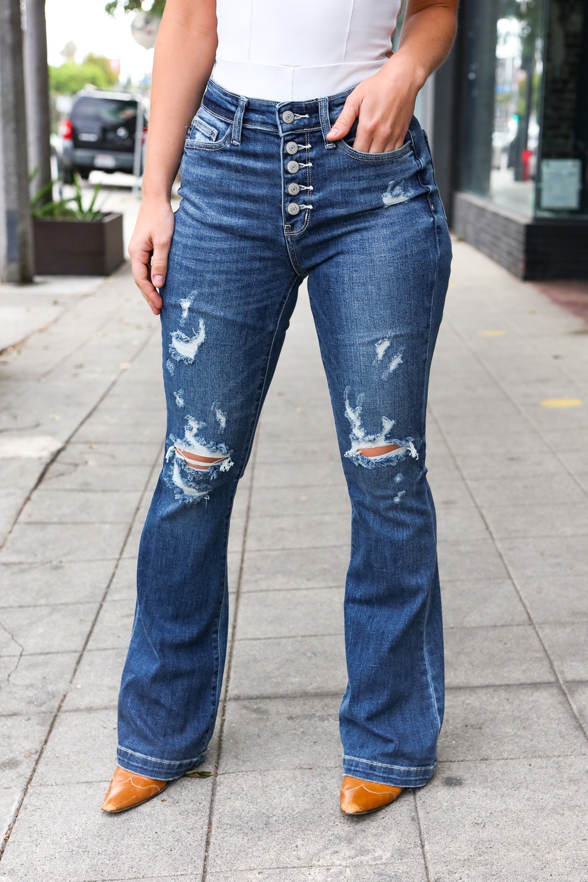 Shop Dark Wash Mid Rise Button Fly Distressed Flare Jeans | Judy Blue-Denim at Ruby Joy Boutique, a Women's Clothing Store in Pickerington, Ohio