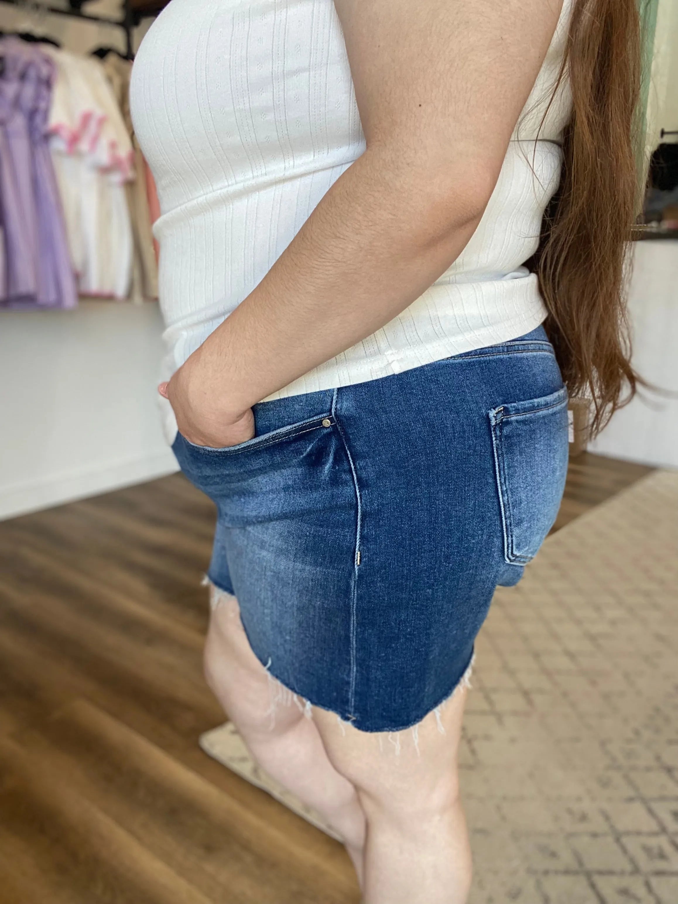 Shop Dark Wash Mid Rise Shorts - Tummy Control- at Ruby Joy Boutique, a Women's Clothing Store in Pickerington, Ohio