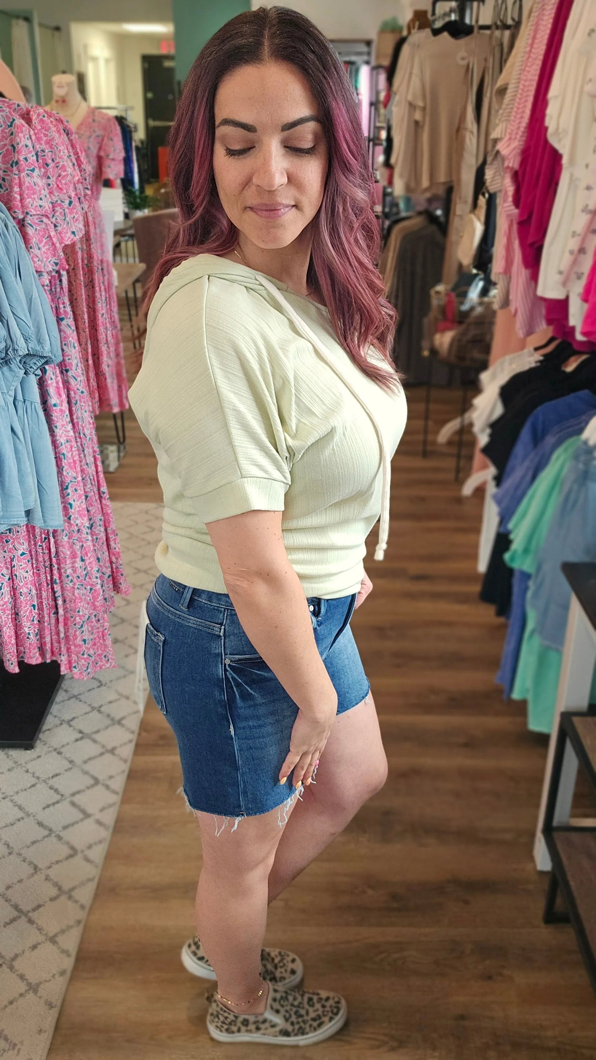 Shop Dark Wash Mid Rise Shorts - Tummy Control- at Ruby Joy Boutique, a Women's Clothing Store in Pickerington, Ohio