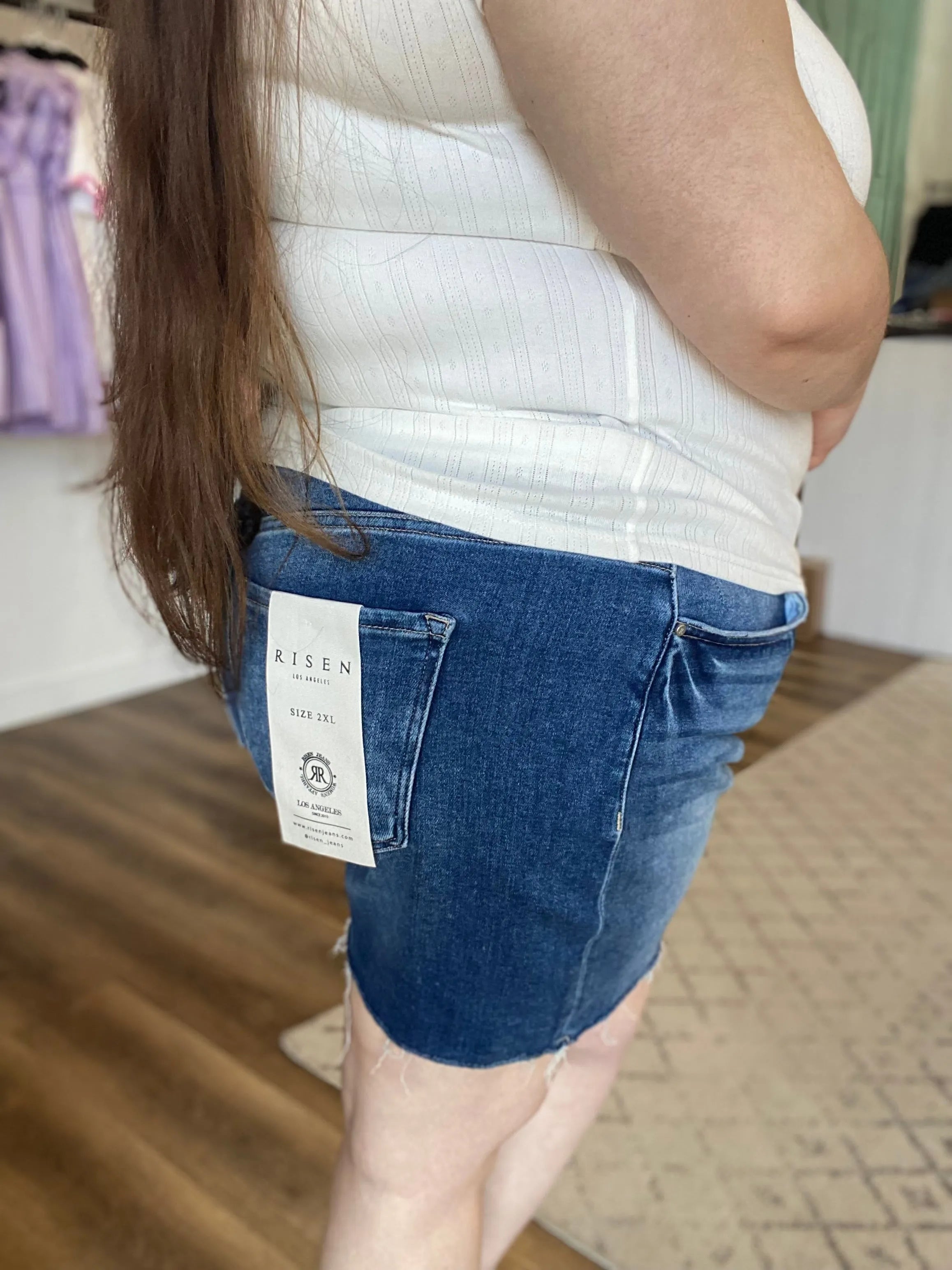 Shop Dark Wash Mid Rise Shorts - Tummy Control- at Ruby Joy Boutique, a Women's Clothing Store in Pickerington, Ohio