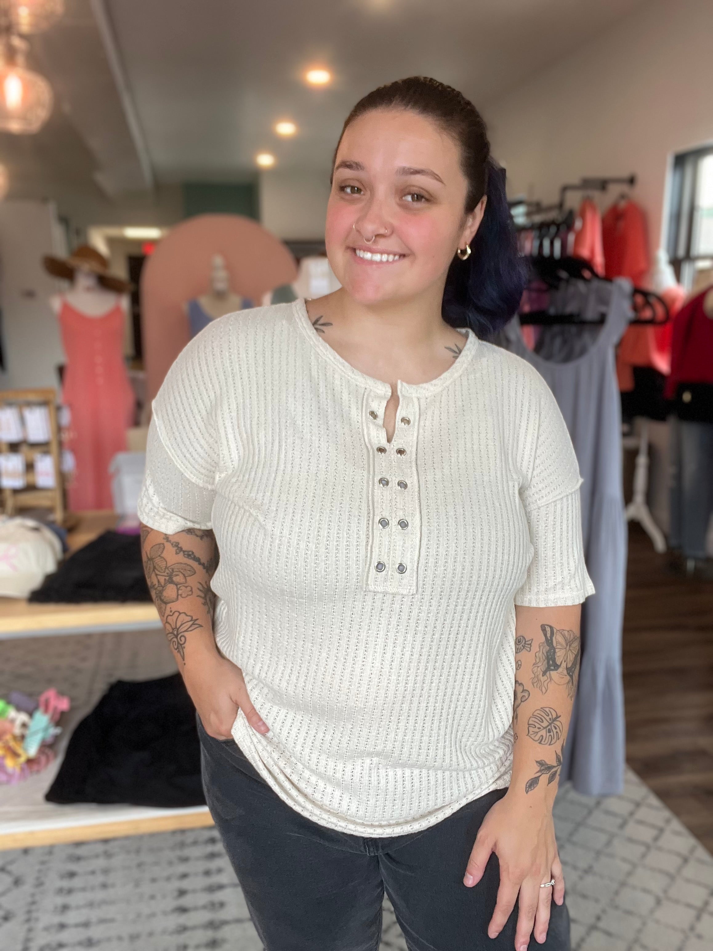 Shop Diana Waffle Top-Shirts & Tops at Ruby Joy Boutique, a Women's Clothing Store in Pickerington, Ohio