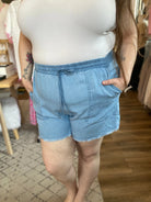 Shop Distressed Hem Patch Pocket Shorts-1XL at Ruby Joy Boutique, a Women's Clothing Store in Pickerington, Ohio