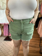 Shop Distressed Washed Color Denim Shorts - Olive- at Ruby Joy Boutique, a Women's Clothing Store in Pickerington, Ohio