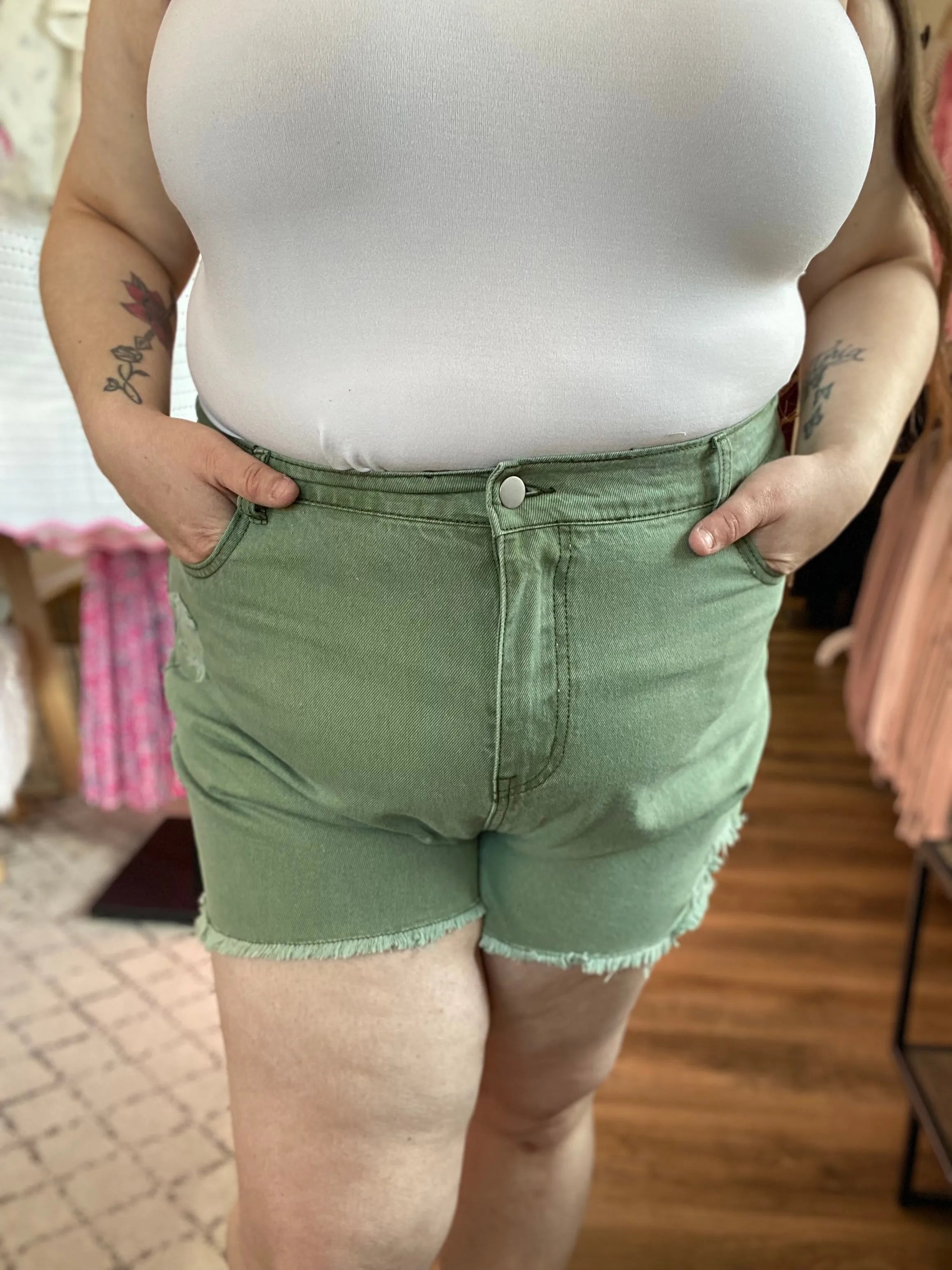 Shop Distressed Washed Color Denim Shorts - Olive- at Ruby Joy Boutique, a Women's Clothing Store in Pickerington, Ohio