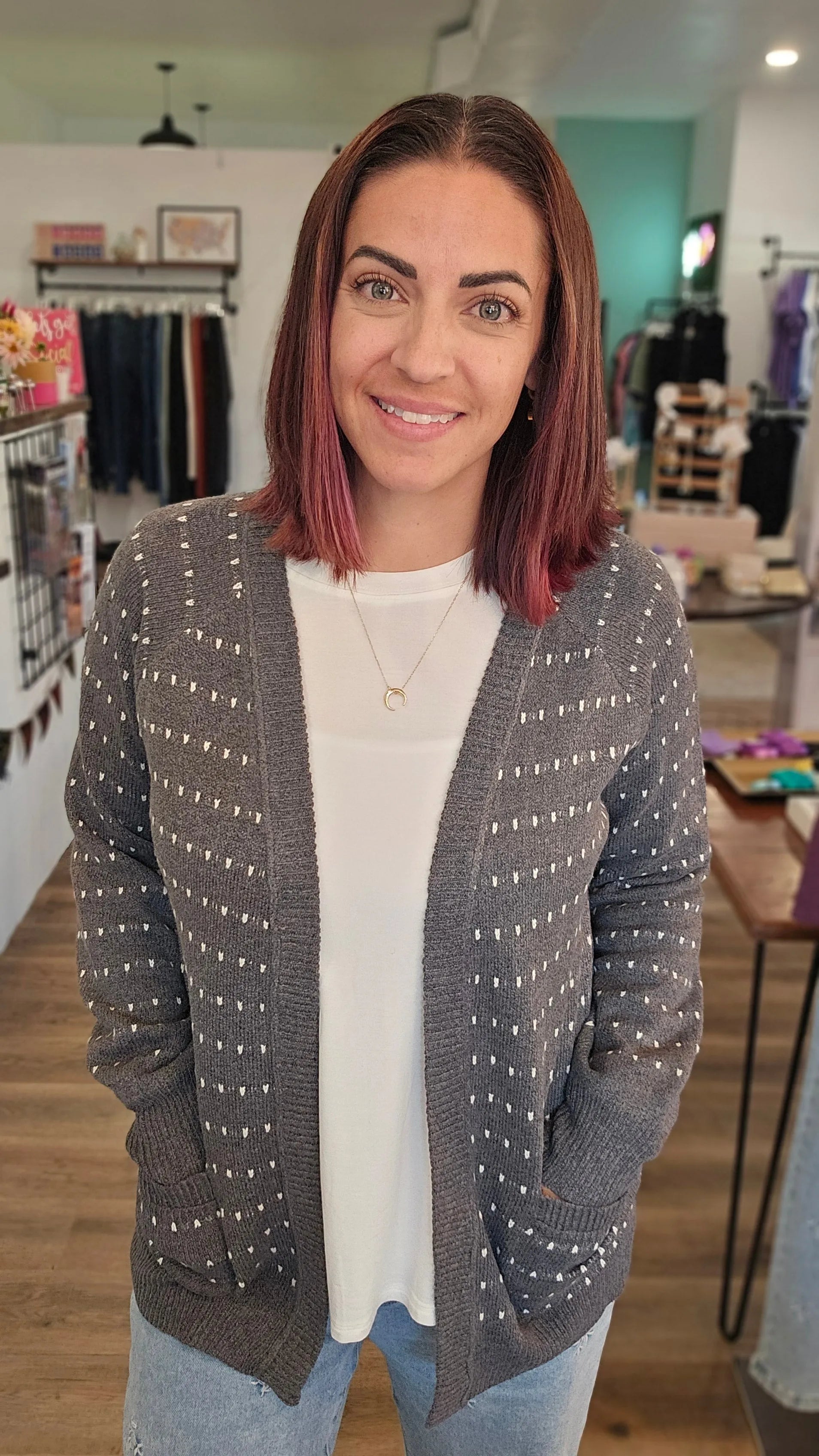 Shop Dot Striped Cardigan - Charcoal- at Ruby Joy Boutique, a Women's Clothing Store in Pickerington, Ohio