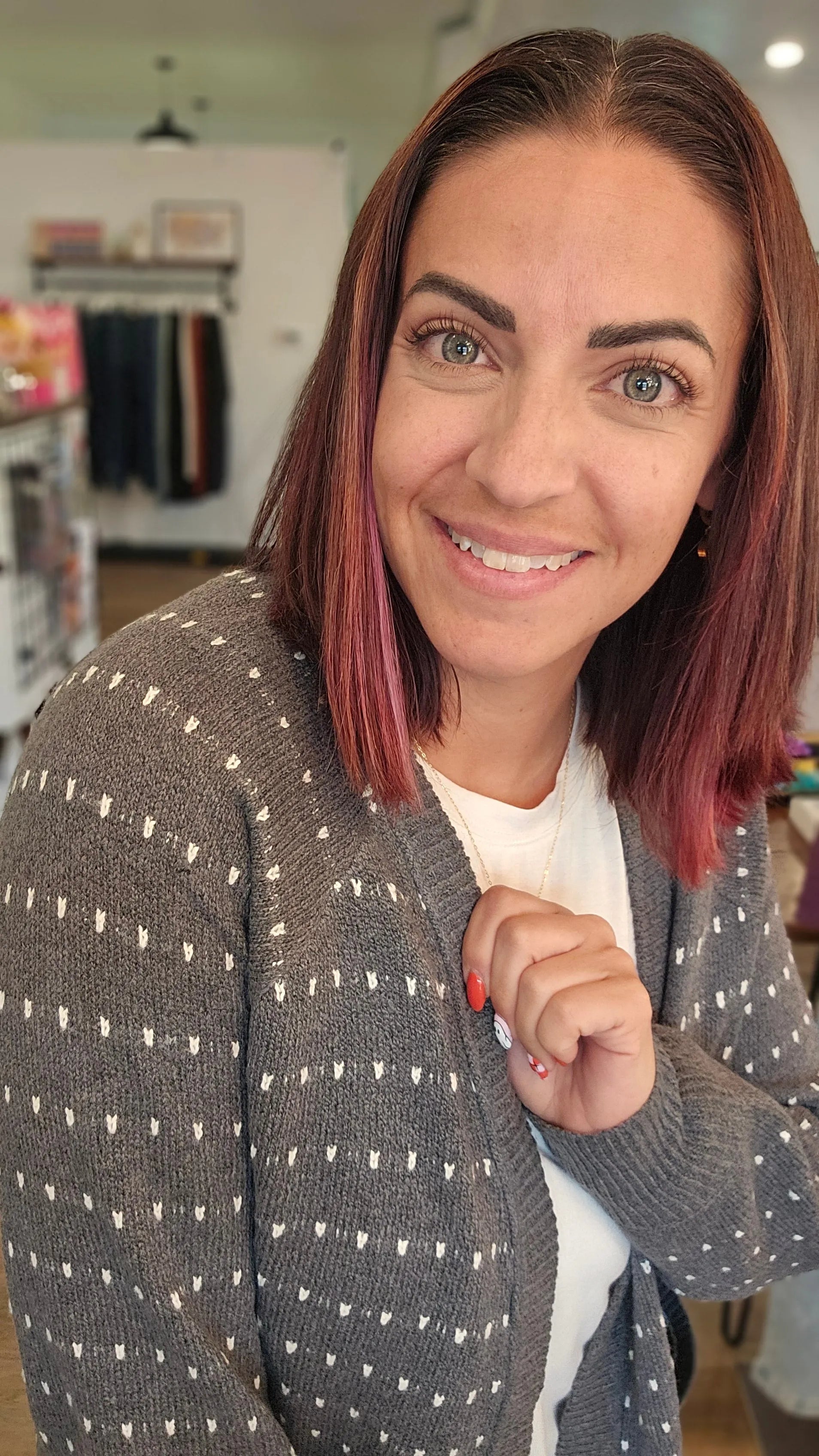 Shop Dot Striped Cardigan - Charcoal- at Ruby Joy Boutique, a Women's Clothing Store in Pickerington, Ohio