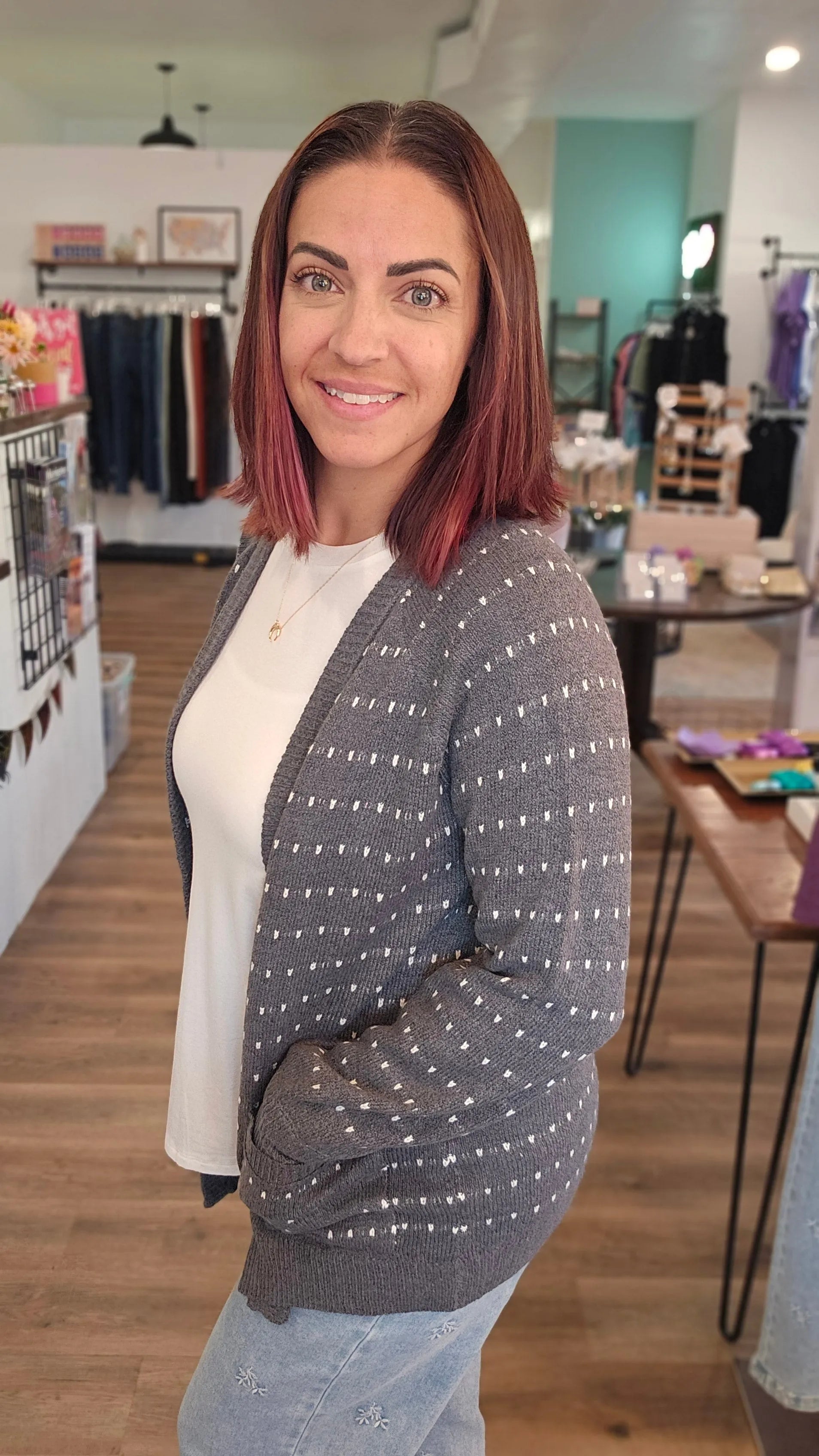 Shop Dot Striped Cardigan - Charcoal- at Ruby Joy Boutique, a Women's Clothing Store in Pickerington, Ohio