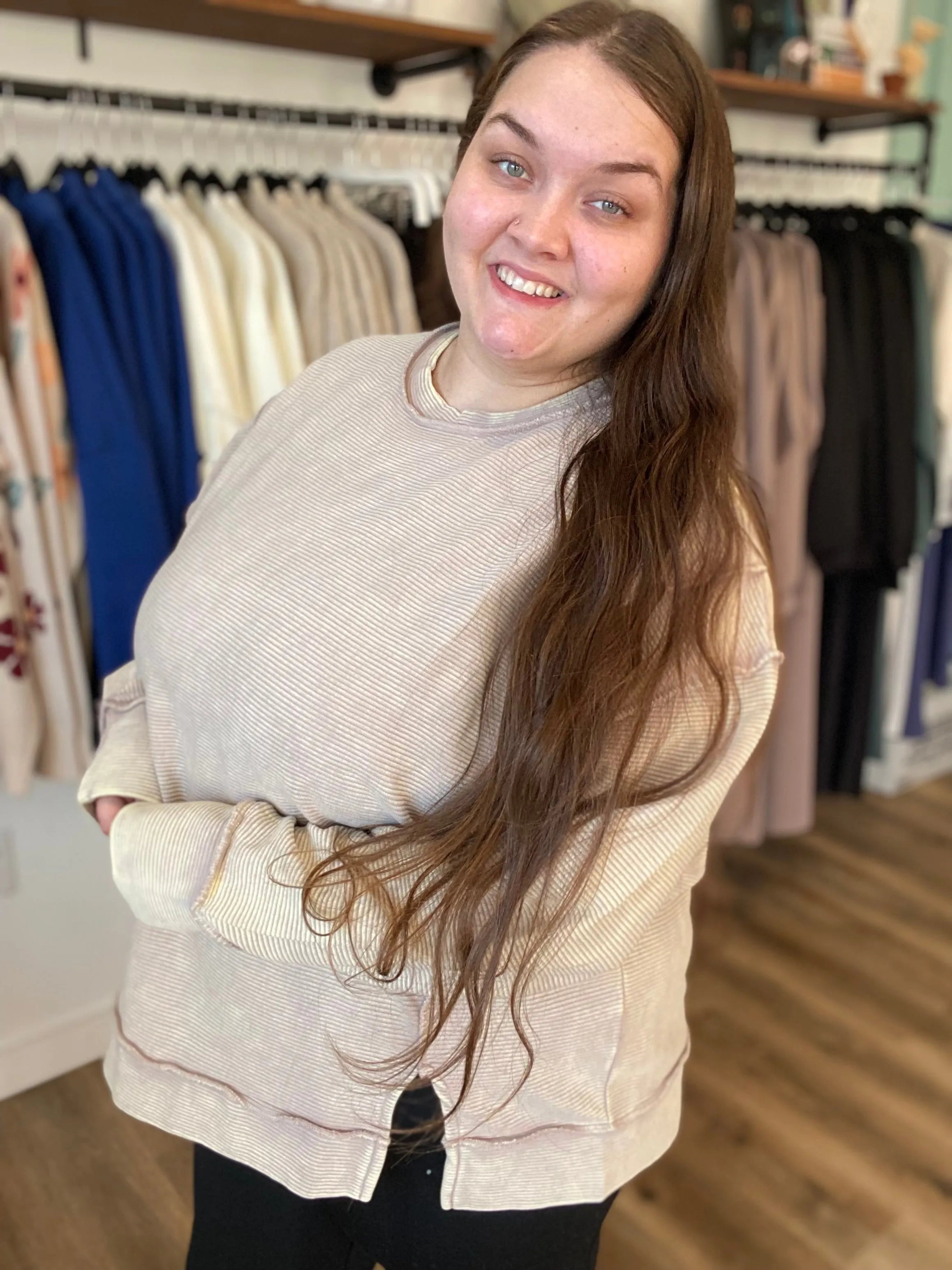 Shop Double Ribbed Washed Pullover - Mocha- at Ruby Joy Boutique, a Women's Clothing Store in Pickerington, Ohio