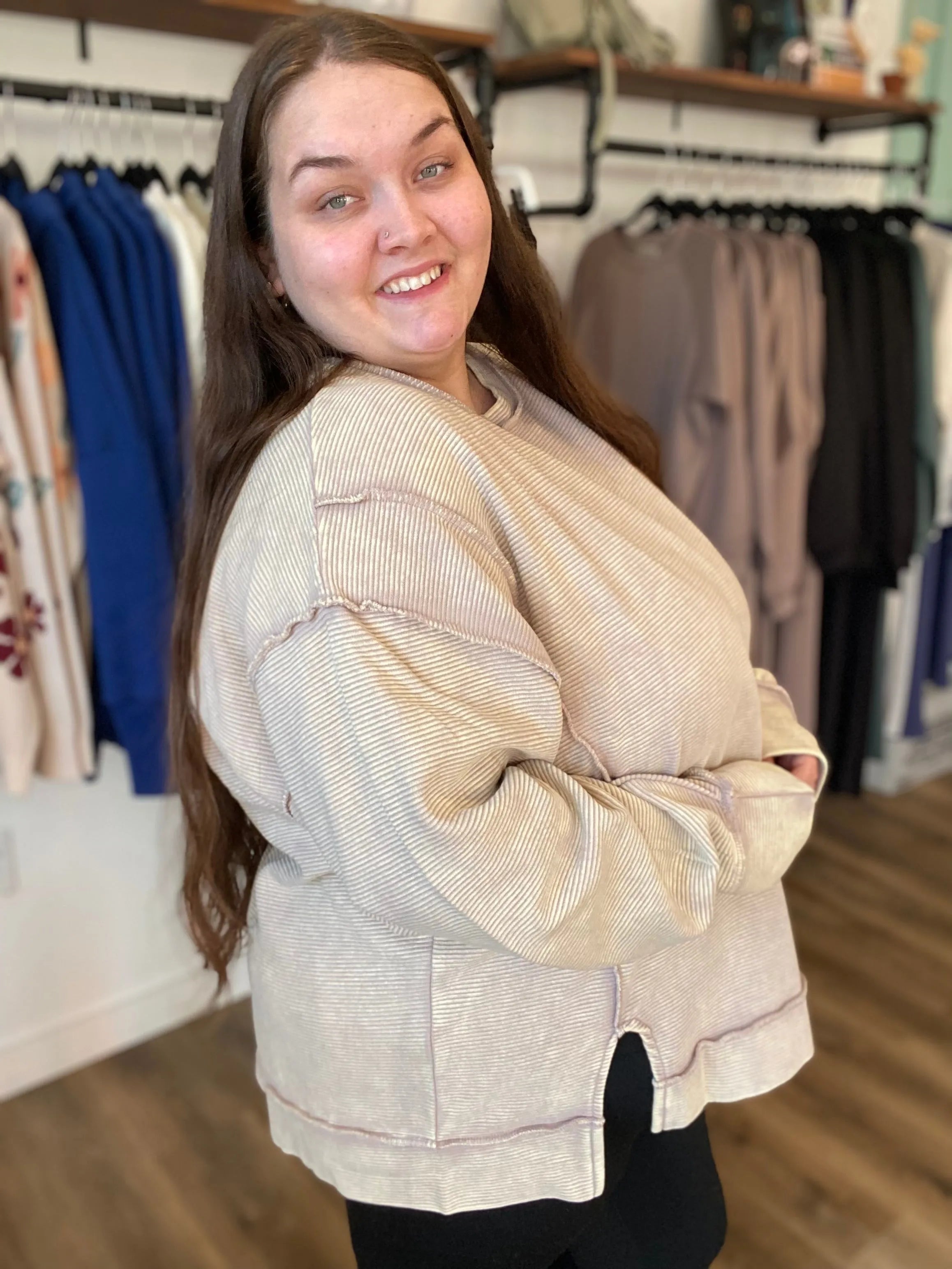 Shop Double Ribbed Washed Pullover - Mocha- at Ruby Joy Boutique, a Women's Clothing Store in Pickerington, Ohio