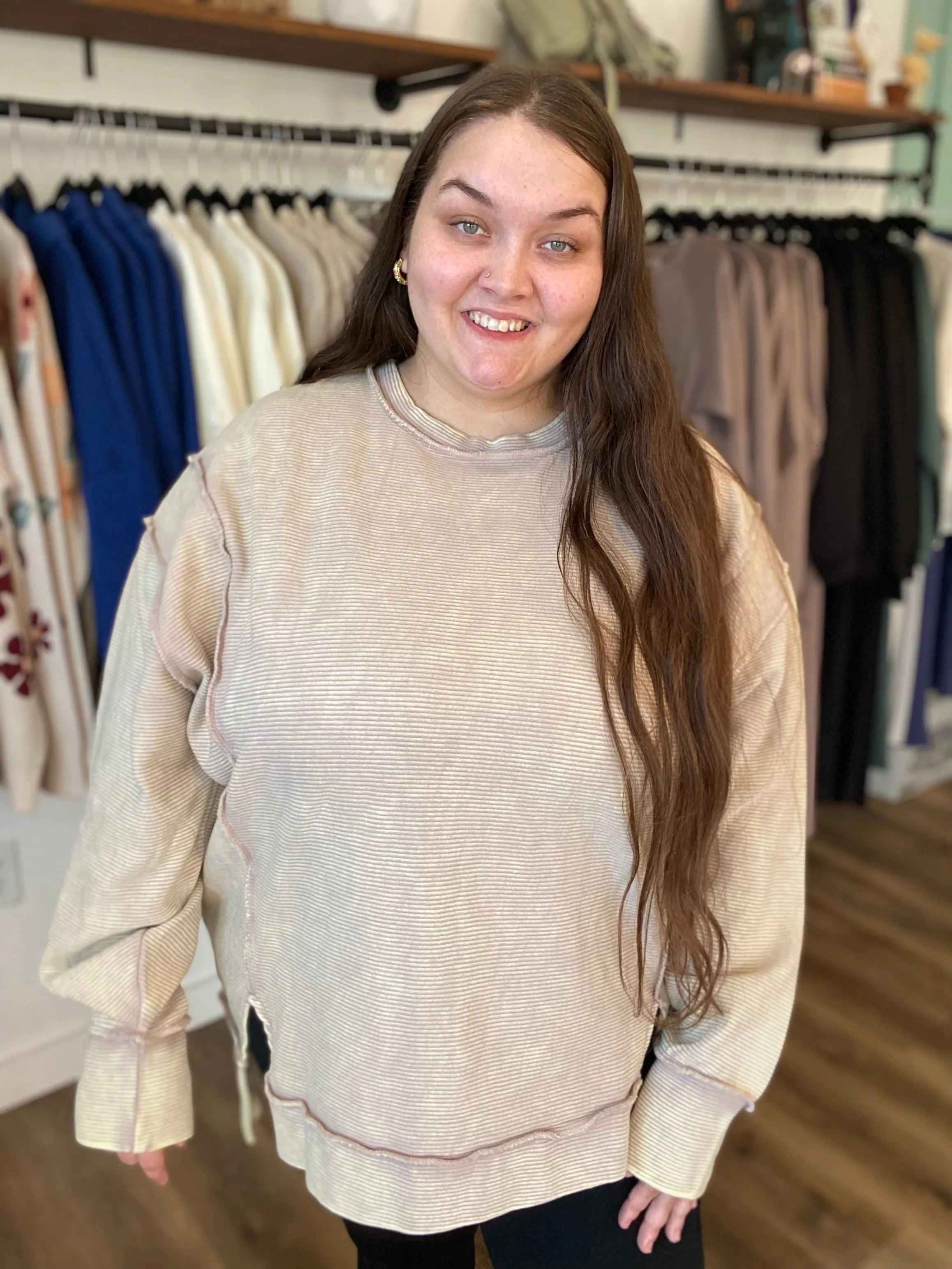 Shop Double Ribbed Washed Pullover - Mocha- at Ruby Joy Boutique, a Women's Clothing Store in Pickerington, Ohio