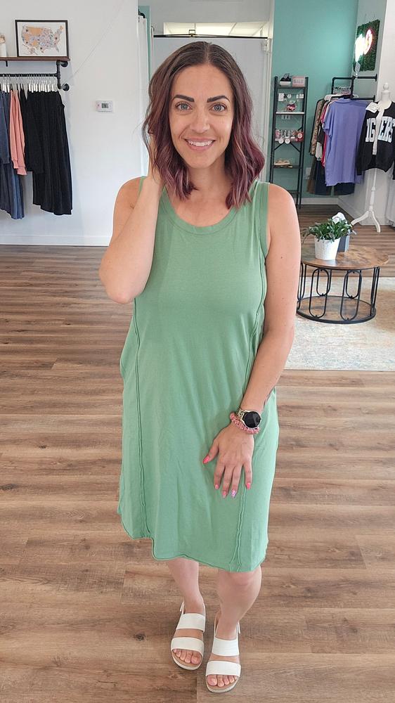 Shop Easy Breezy Raw Edge Dress with Pockets - Green Tea- at Ruby Joy Boutique, a Women's Clothing Store in Pickerington, Ohio