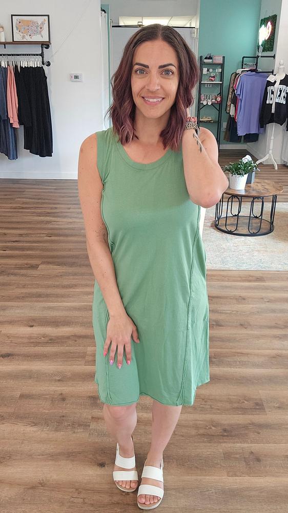 Shop Easy Breezy Raw Edge Dress with Pockets - Green Tea- at Ruby Joy Boutique, a Women's Clothing Store in Pickerington, Ohio