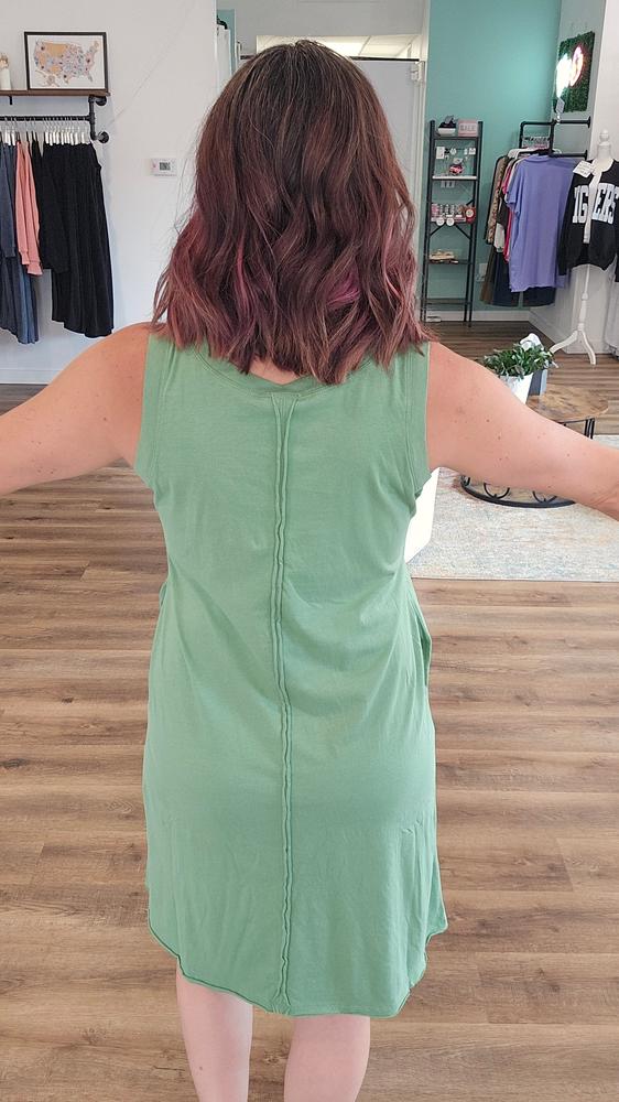 Shop Easy Breezy Raw Edge Dress with Pockets - Green Tea- at Ruby Joy Boutique, a Women's Clothing Store in Pickerington, Ohio